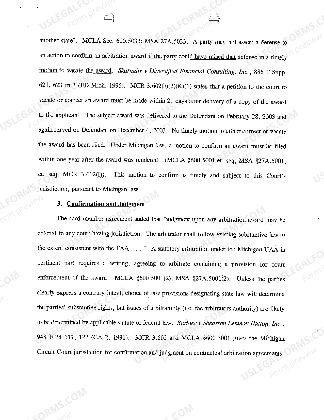 Michigan Motion To Compel Arbitration Award Form With 2 Points US