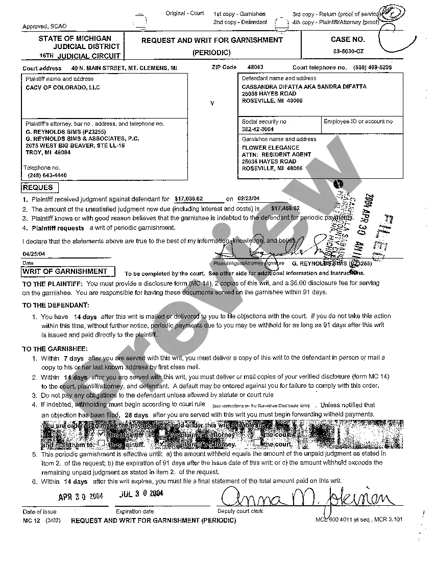Preview A08 Request And Writ for Garnishment