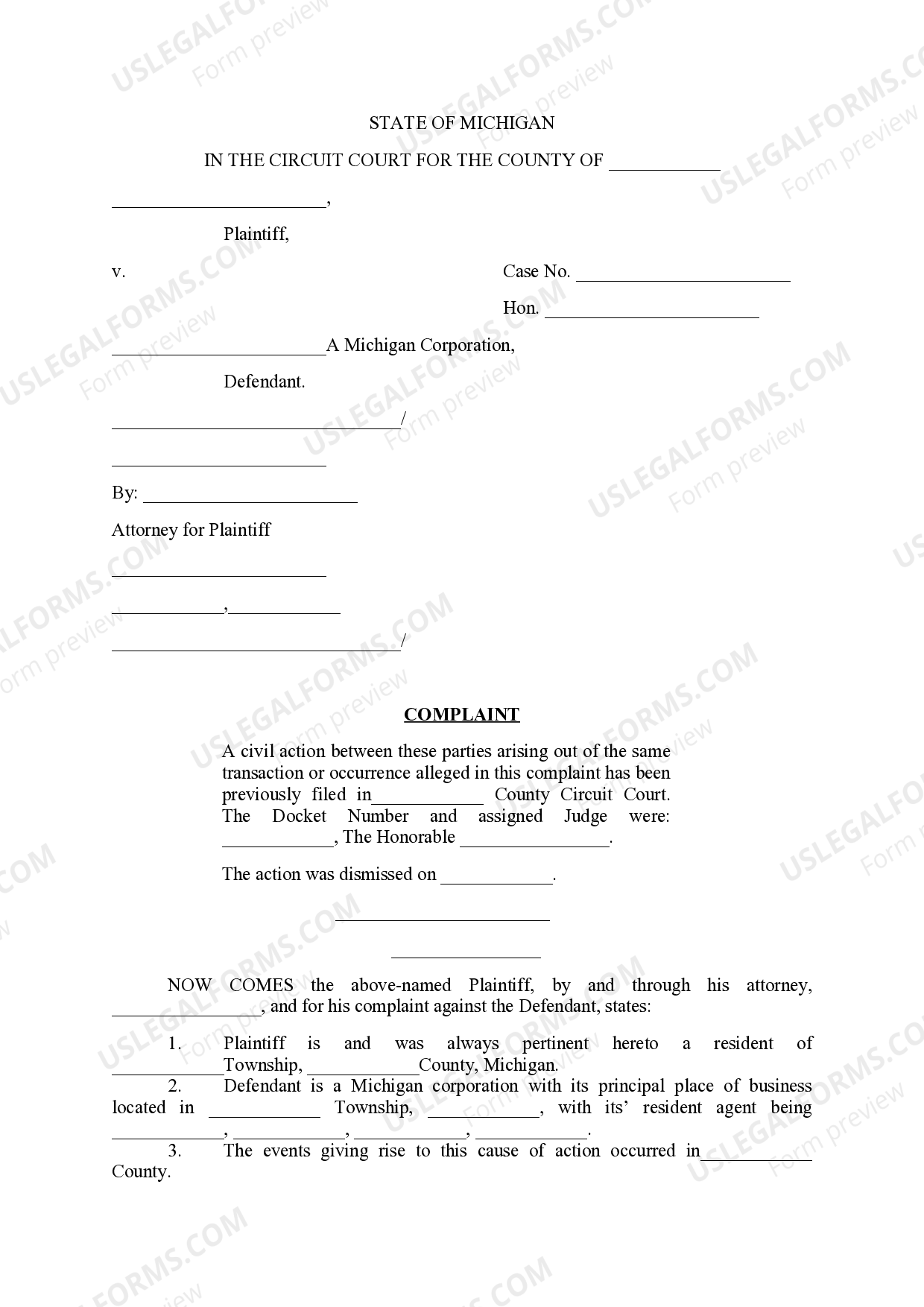 Michigan Complaint US Legal Forms