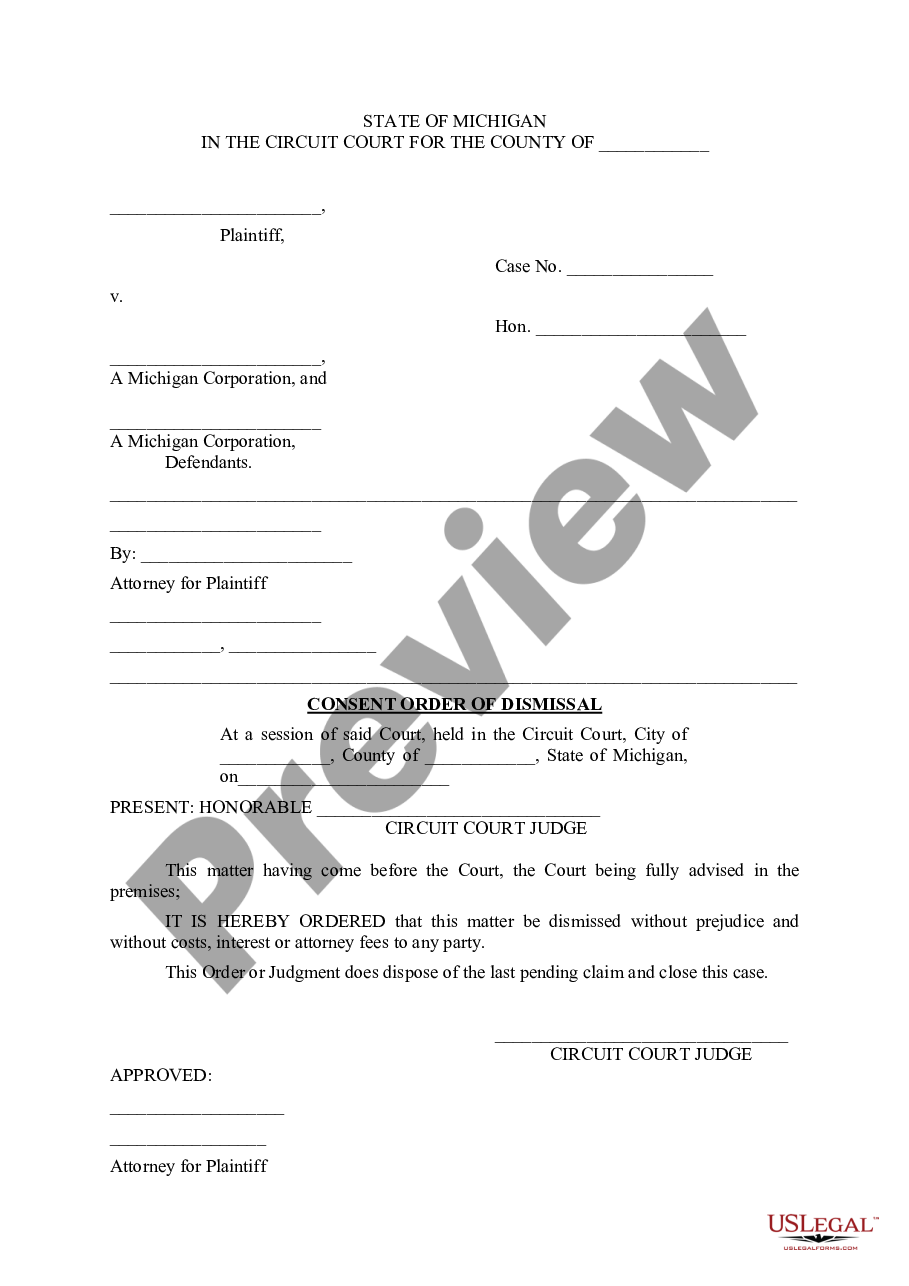 Michigan Consent Order of Dismissal | US Legal Forms