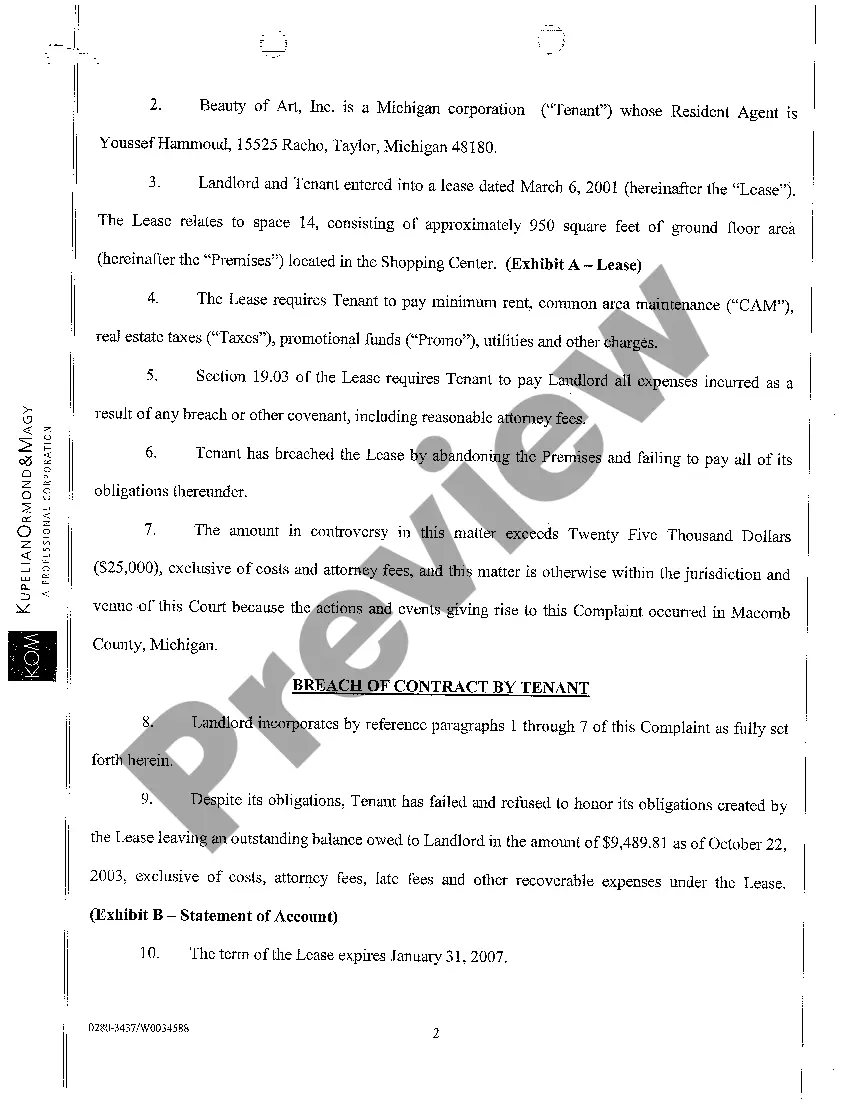 Preview A01 Complaint to Collect Past Due Rent on Retail Store Lease