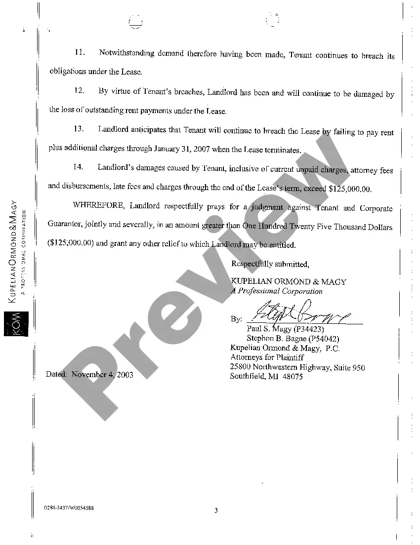 Preview A01 Complaint to Collect Past Due Rent on Retail Store Lease