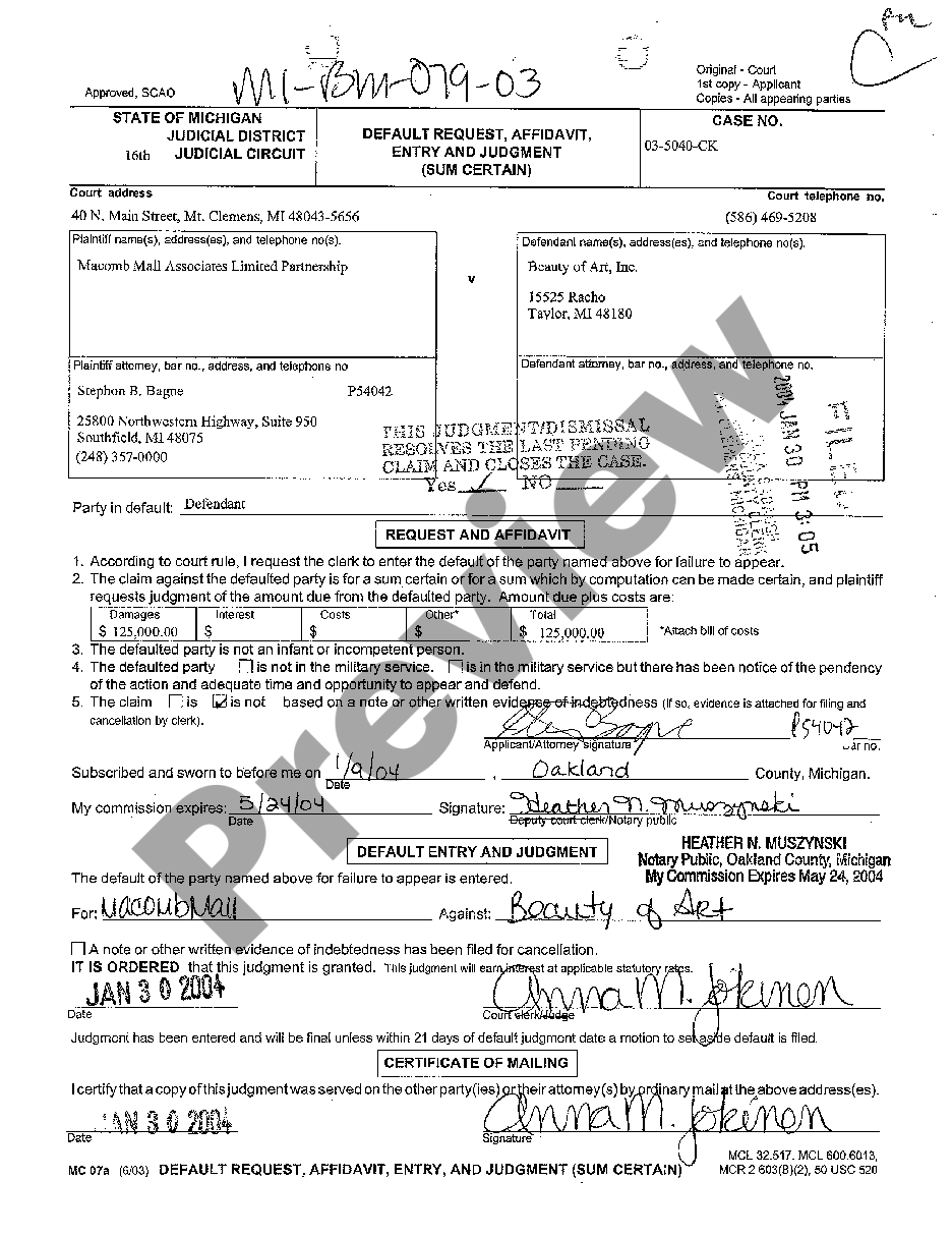 Michigan Default Request Affidavit Entry And Judgment Default Request And Entry Us Legal Forms 7212