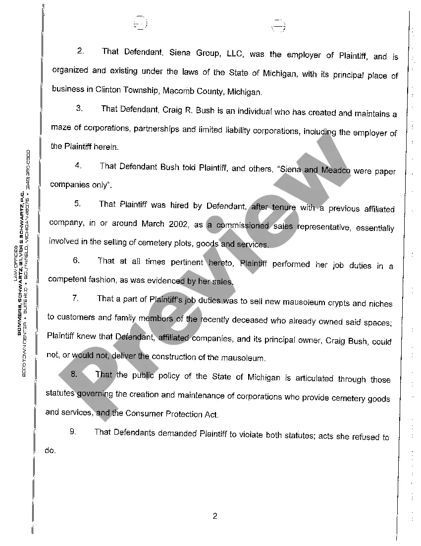 Preview A01 Complaint And Jury Demand regarding Wrongful Termination and Violation of Public Policy in the Sale of Mausoleum Crypts