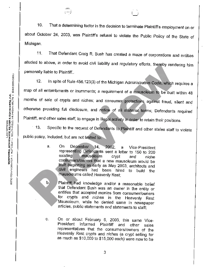 Preview A01 Complaint And Jury Demand regarding Wrongful Termination and Violation of Public Policy in the Sale of Mausoleum Crypts