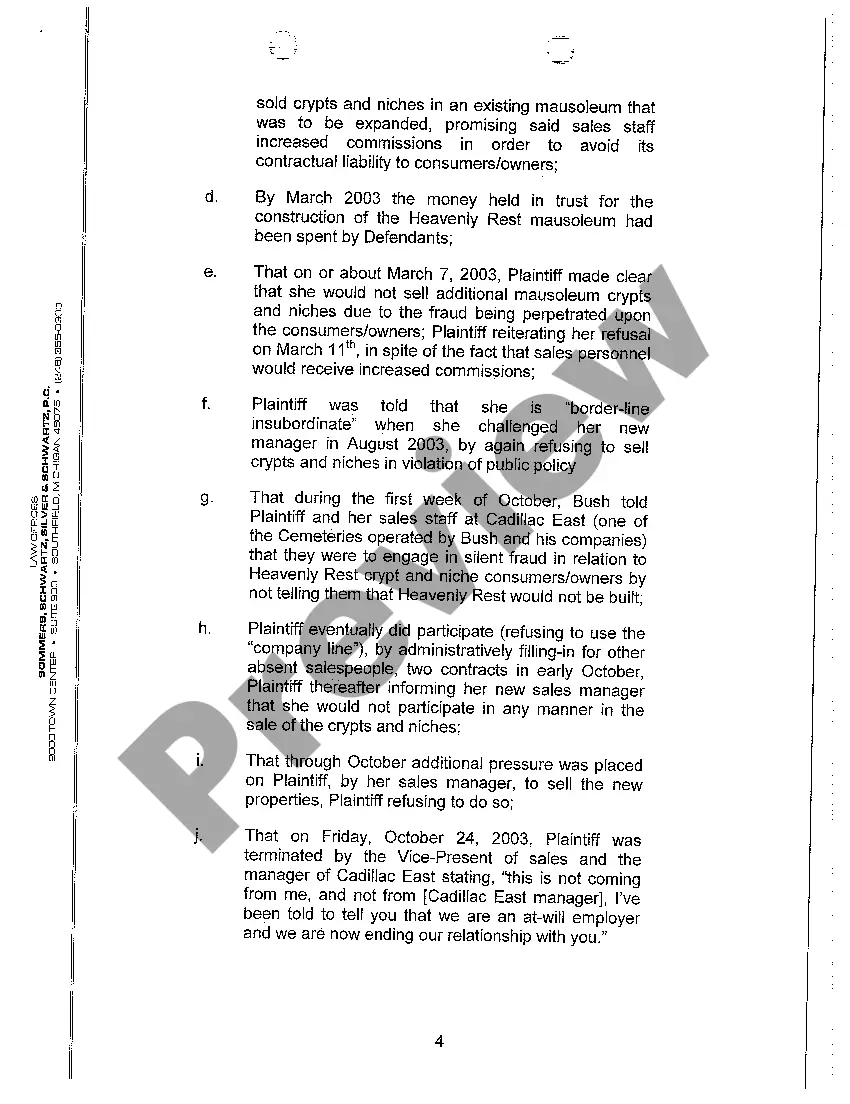 Preview A01 Complaint And Jury Demand regarding Wrongful Termination and Violation of Public Policy in the Sale of Mausoleum Crypts