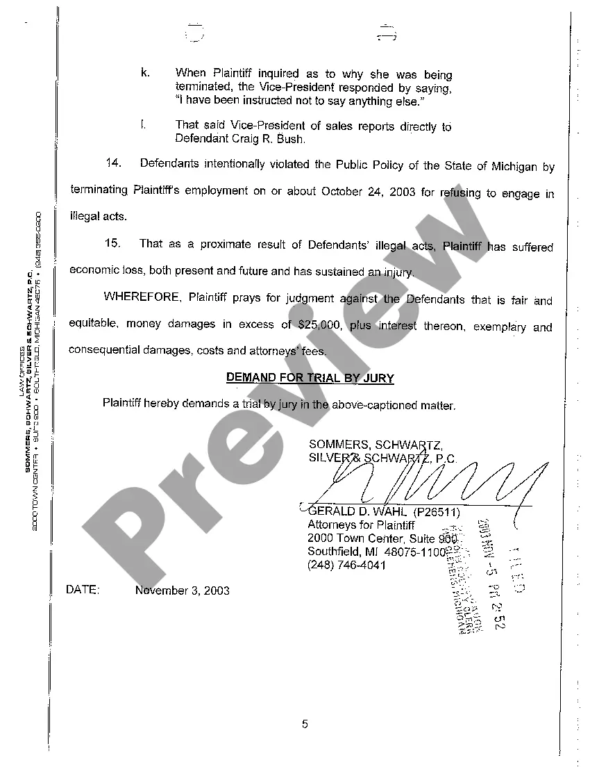 Preview A01 Complaint And Jury Demand regarding Wrongful Termination and Violation of Public Policy in the Sale of Mausoleum Crypts