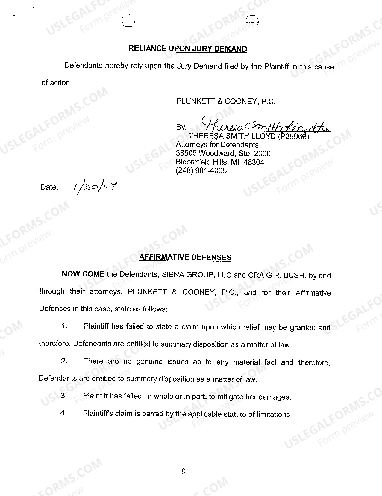 Preview A02 Answer to Complaint Reliance Upon Jury Demand And Affirmative Defenses