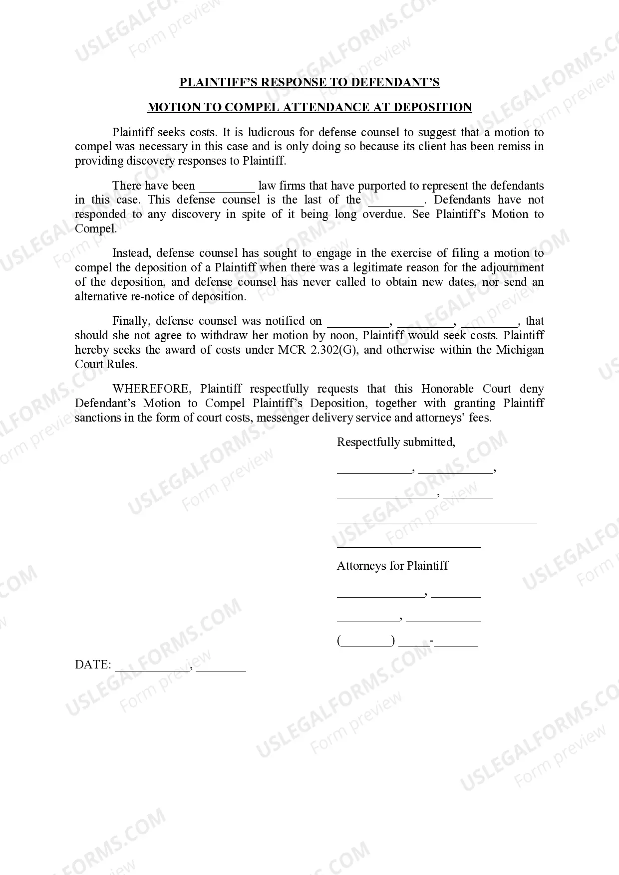 Preview Plaintiff's Response to Defendant's Motion to Compel Attendance at