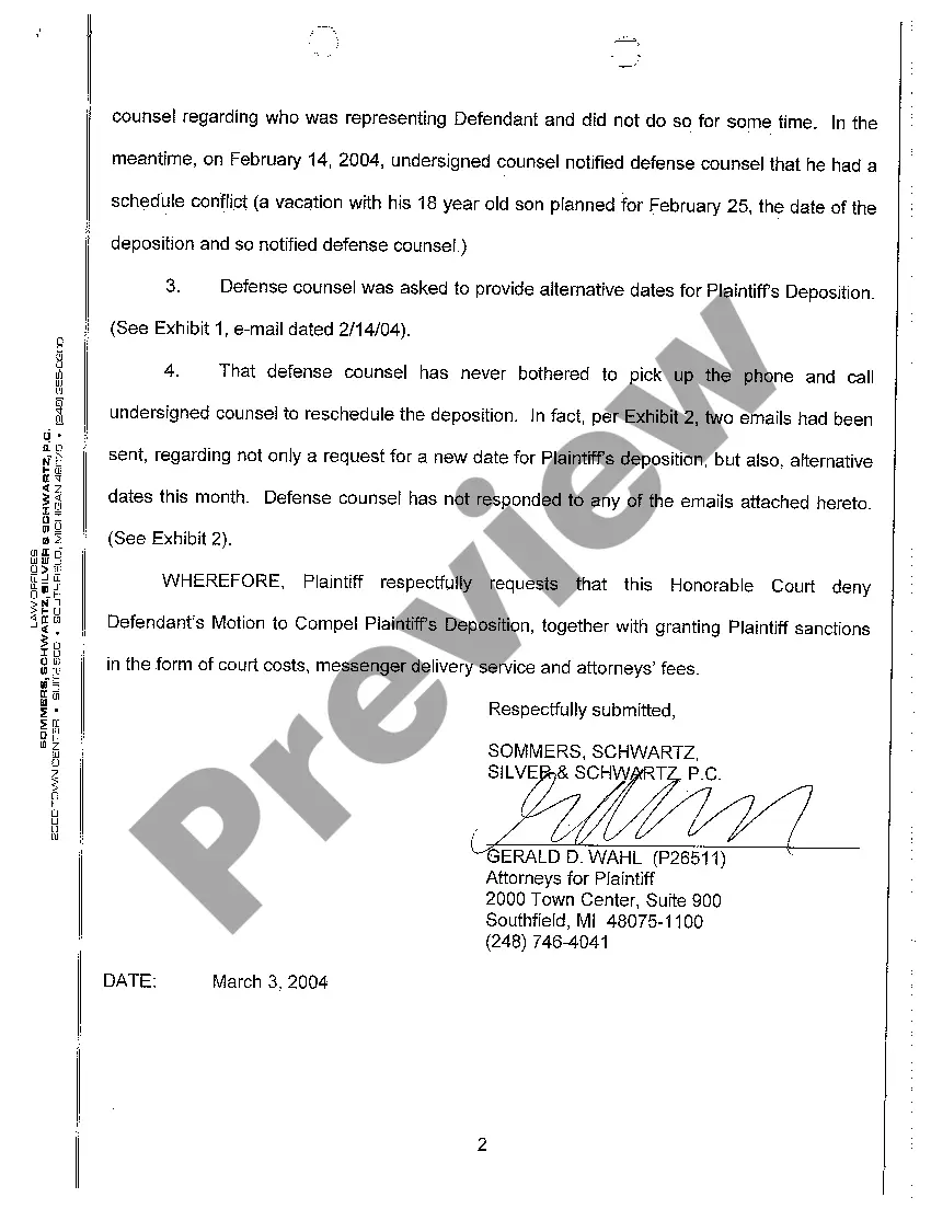 Preview A07 Plaintiff's Response to Defendant's Motion to Compel Attendance At Deposition