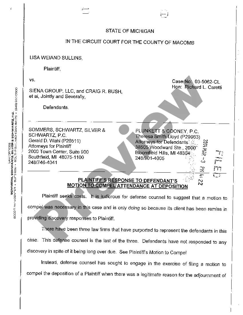 Preview A07 Plaintiff's Response to Defendant's Motion to Compel Attendance At Deposition