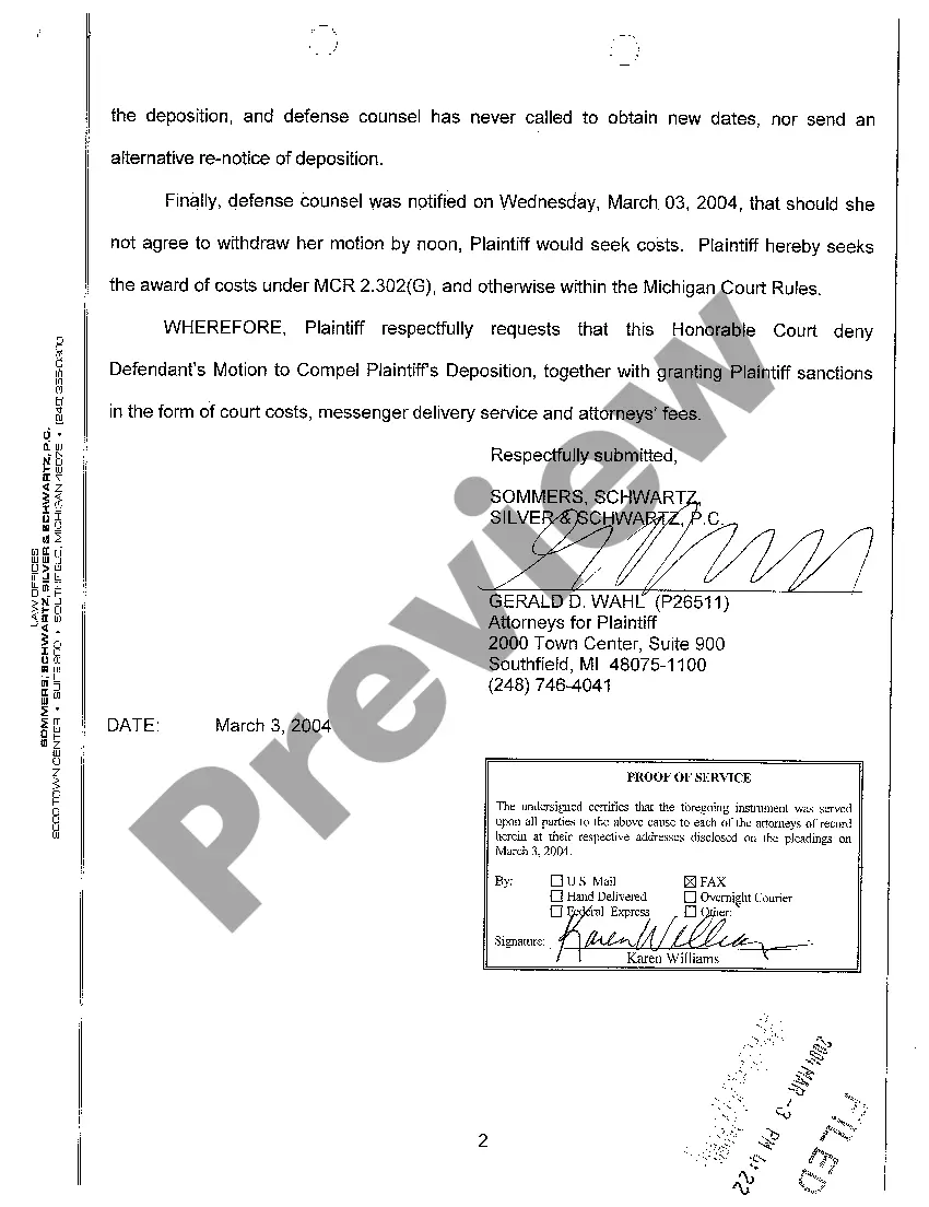 Preview A07 Plaintiff's Response to Defendant's Motion to Compel Attendance At Deposition