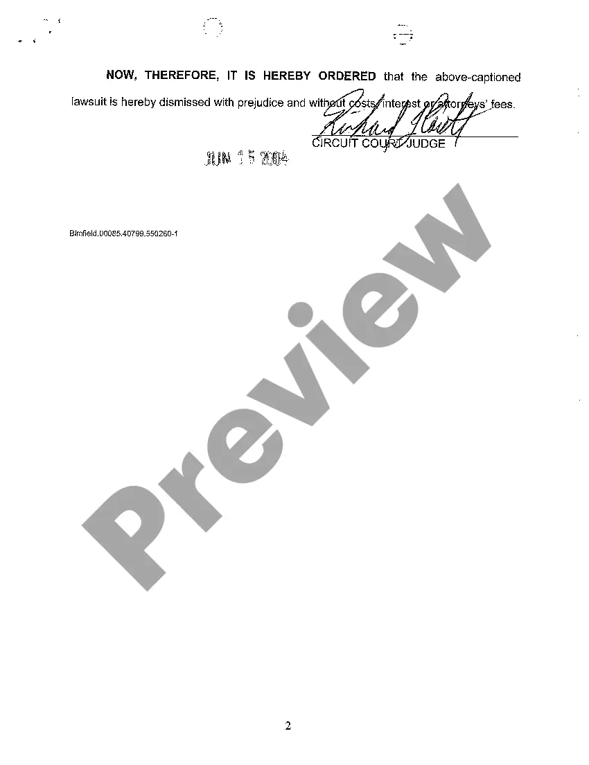 Preview A11 Order of Dismissal With Prejudice And Without Costs, Interest Or Attorneys' Fees