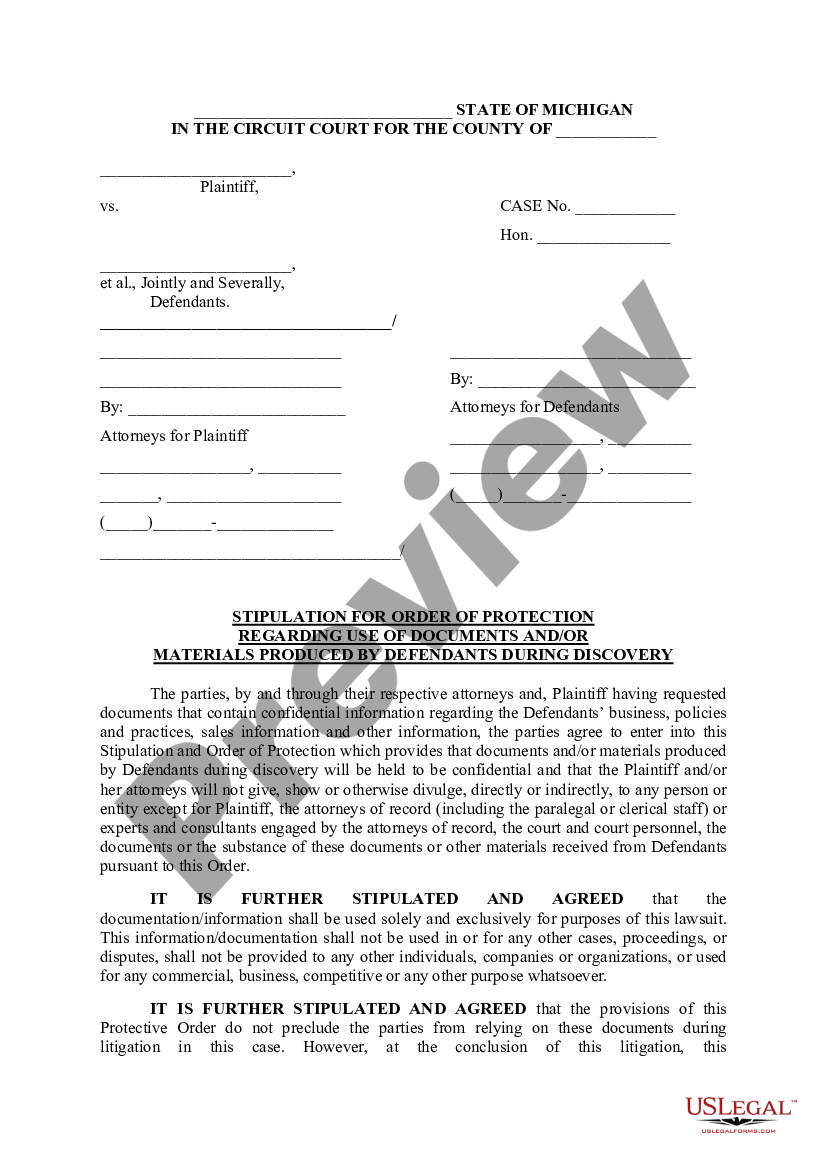 Michigan Stipulation For Order Of Protection Regarding Use Of Documents And Or Materials 2898