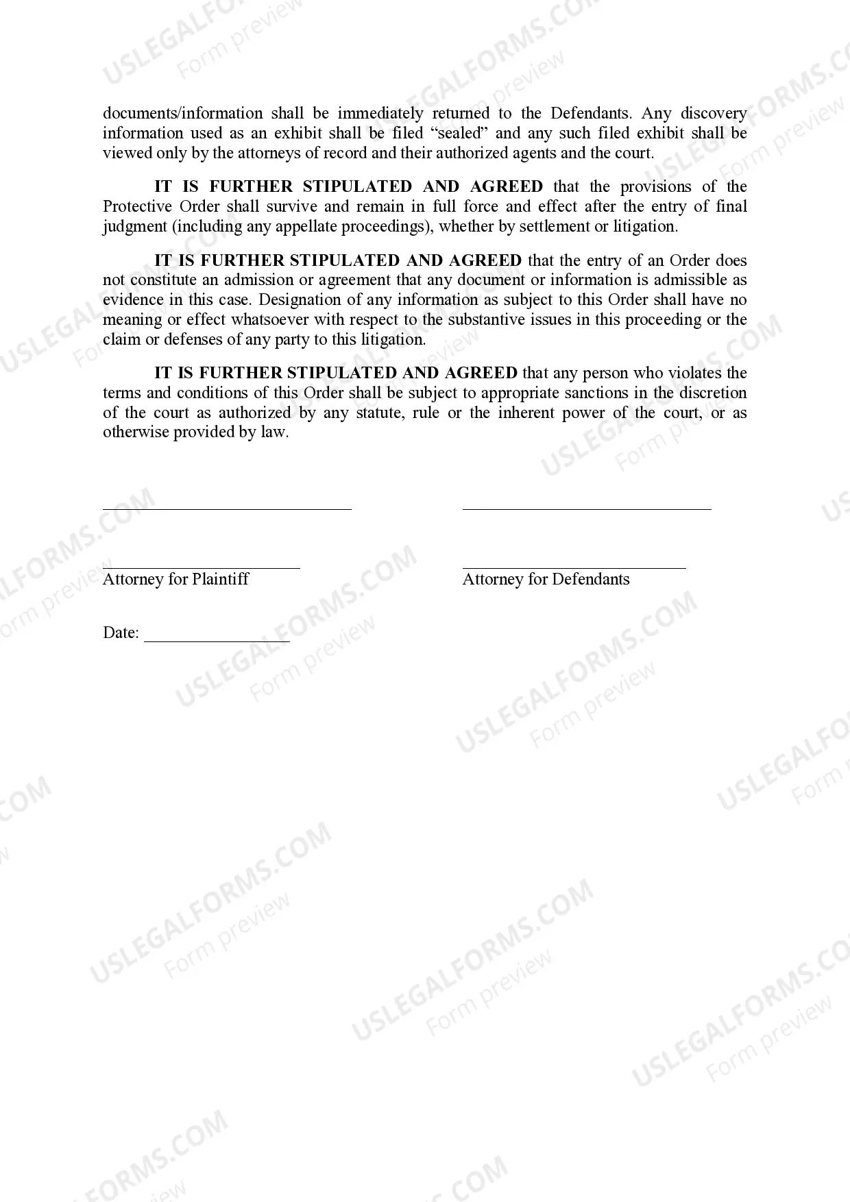Preview Stipulation For Order Of Protection Regarding Use Of Documents And /Or Materials Produced By Defendants During Discovery