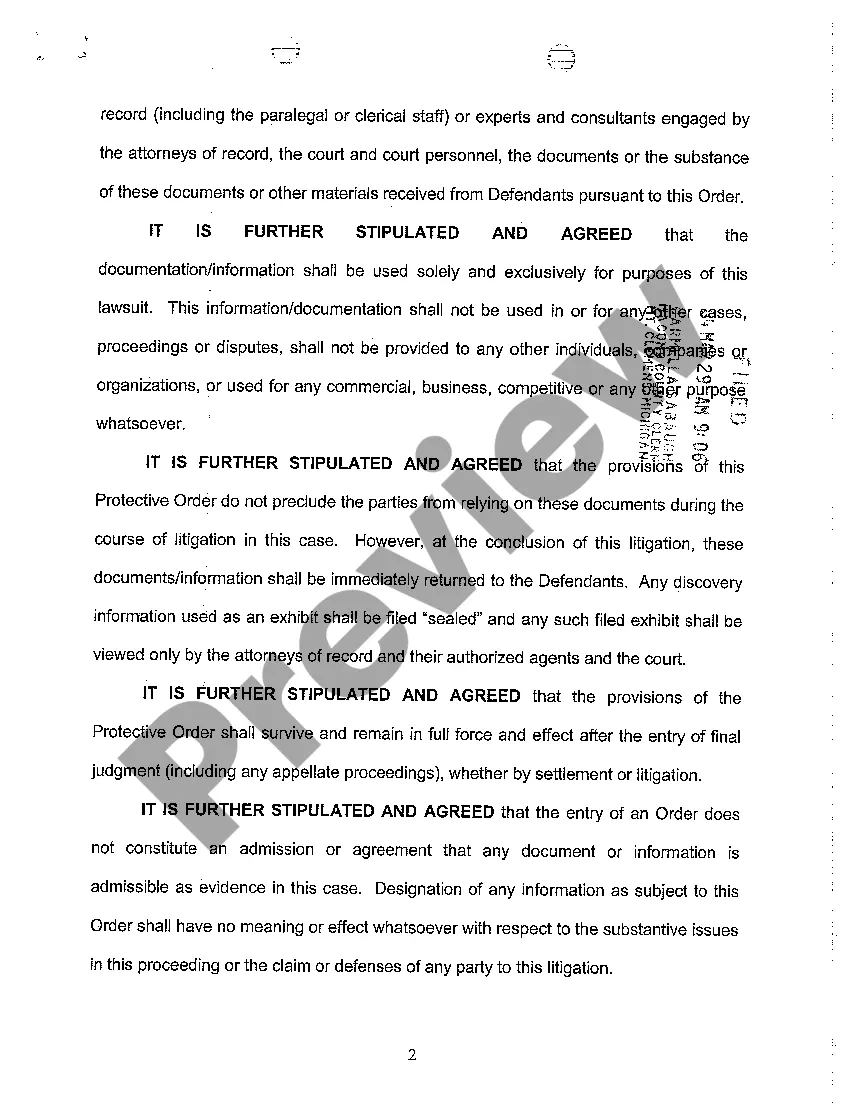 Preview A08 Stipulation for Order of Protection Regarding Use of Documents And Or Materials Produced By Defendants During Discovery