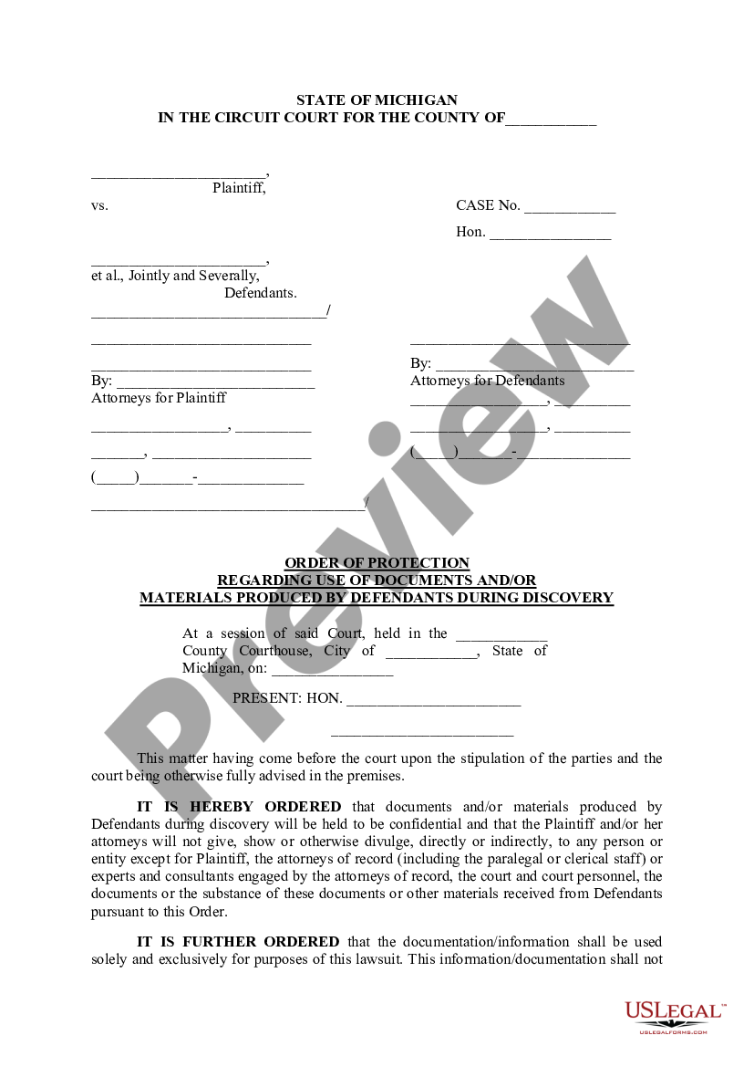 Michigan Order Of Protection Regarding Use Of Documents And Or Materials Produced By Defendants