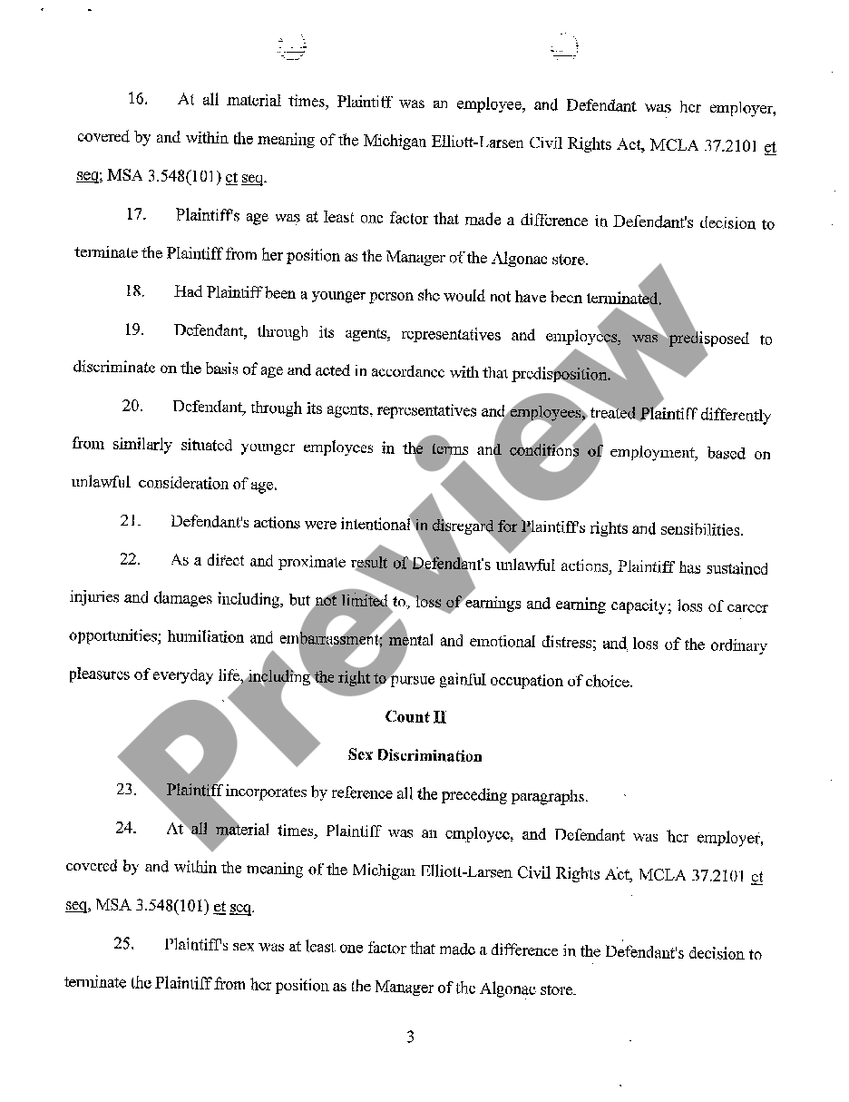 Michigan Complaint Regarding Age And Sex Discrimination Us Legal Forms 2993