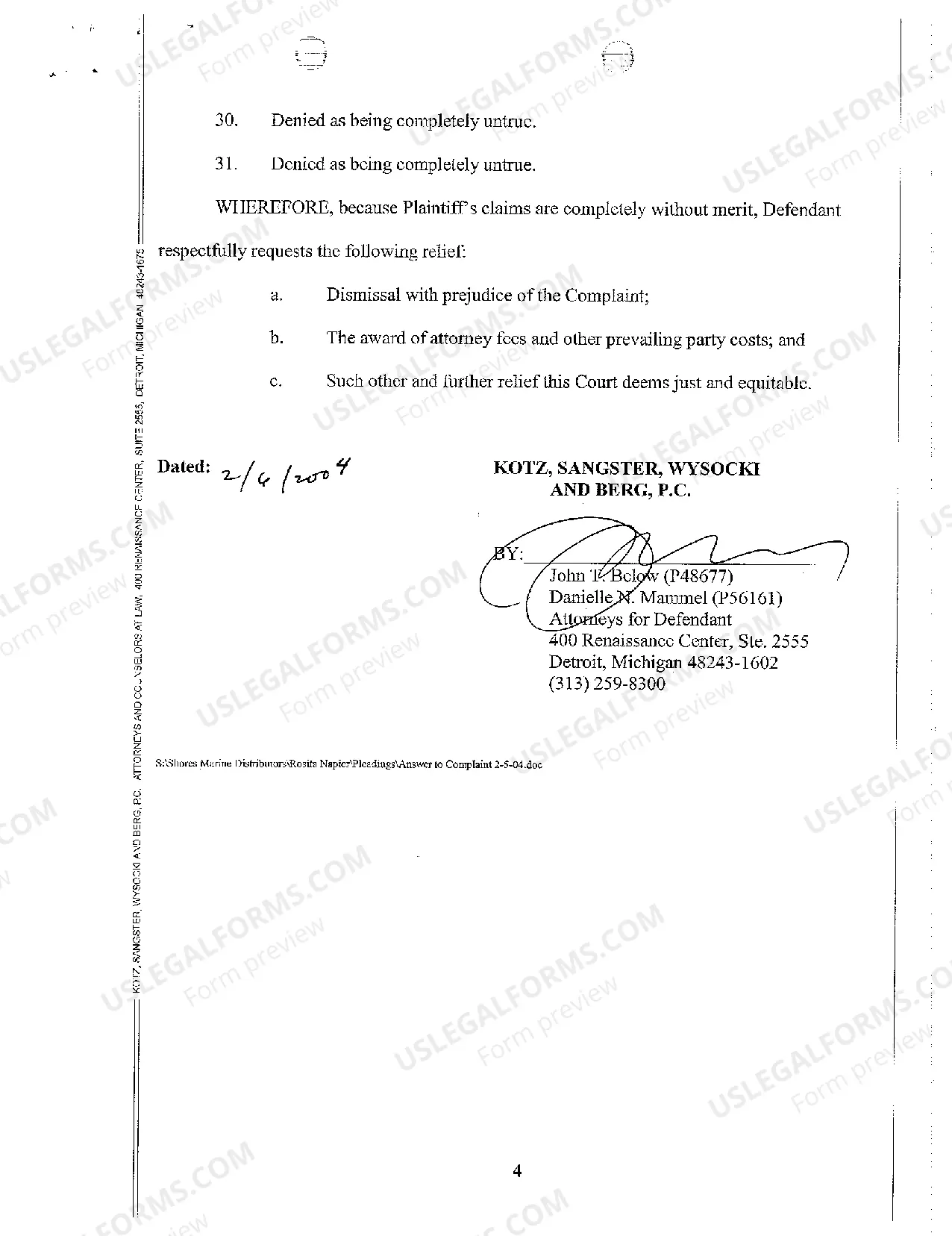 Preview A03 Defendant's Answer to Complaint