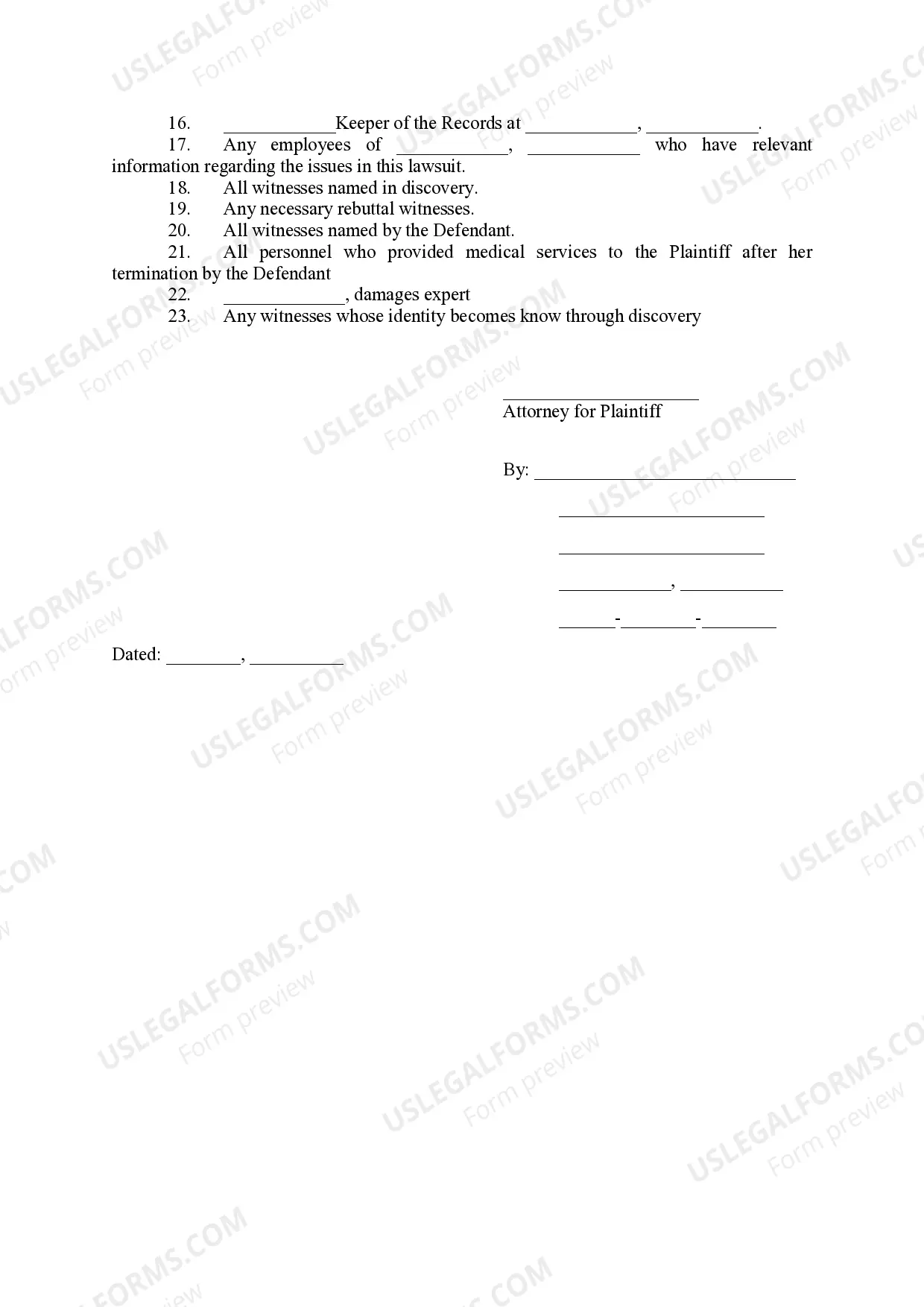 Preview Plaintiff's Witness List