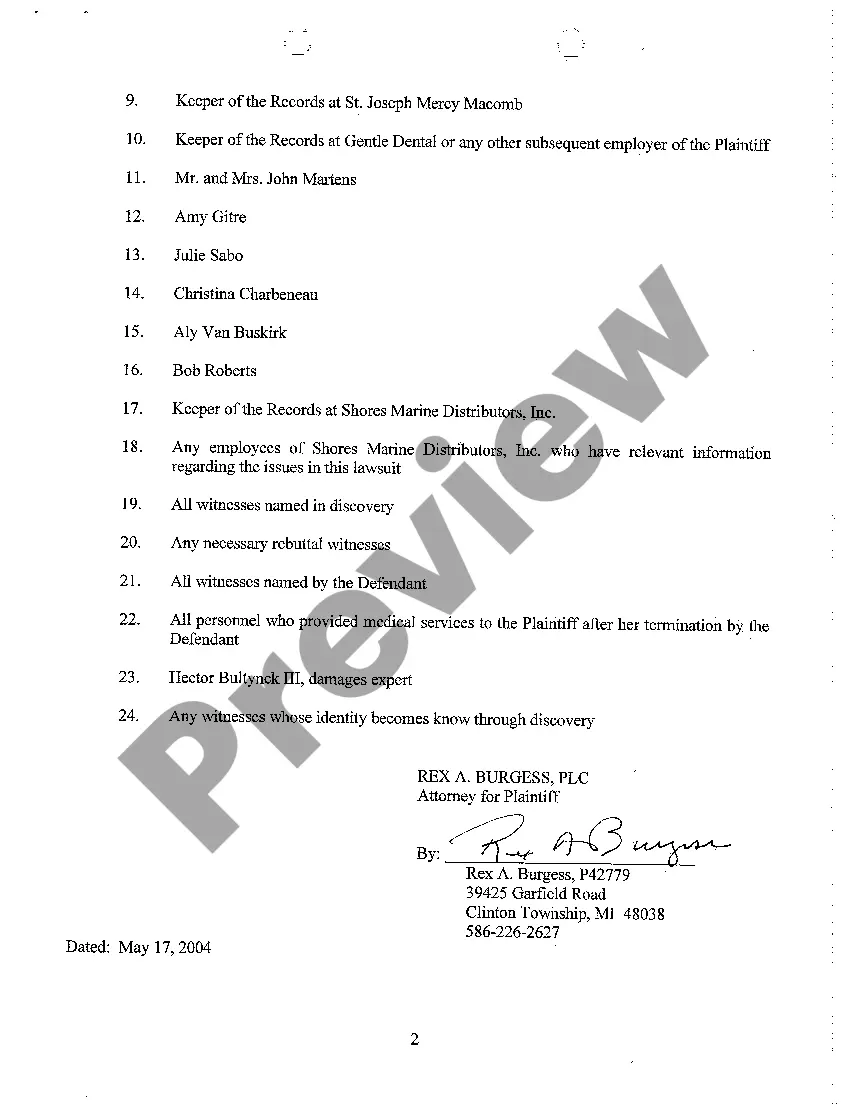 Preview A05 Plaintiff's Witness List