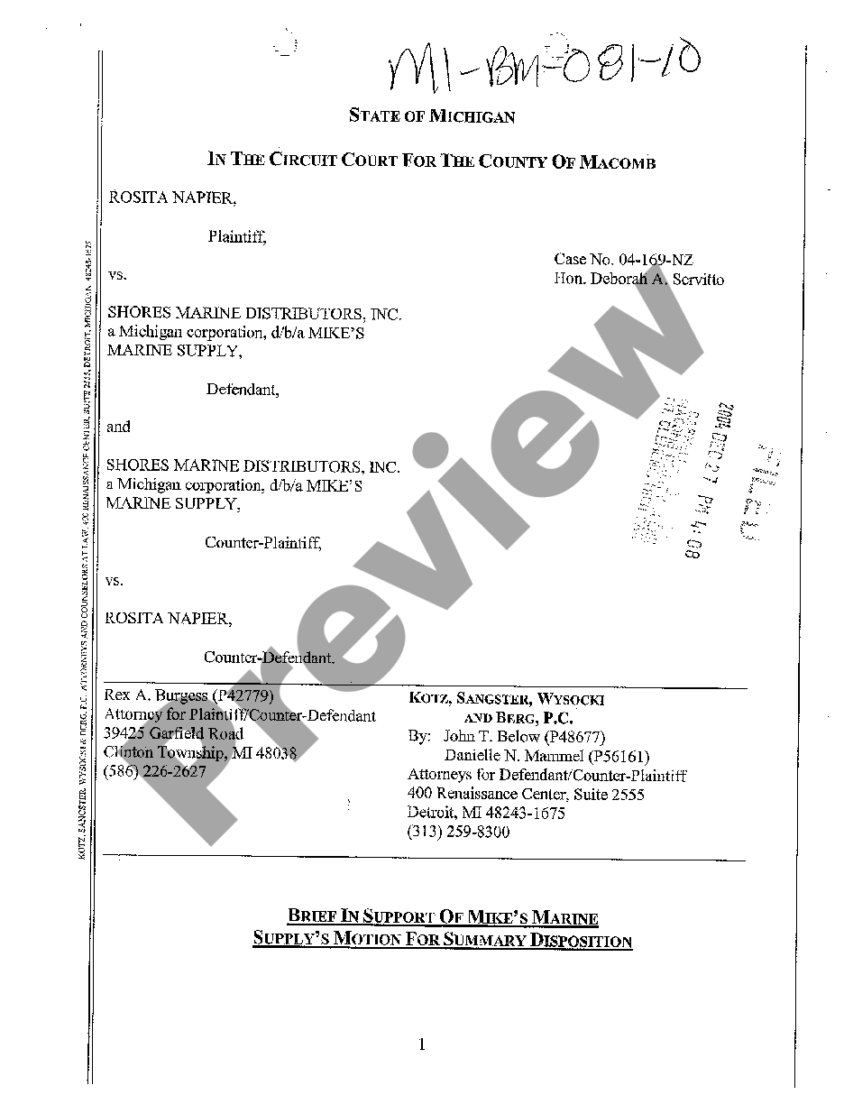 Wayne Michigan Brief In Support Of Motion For Summary Disposition Motion For Summary