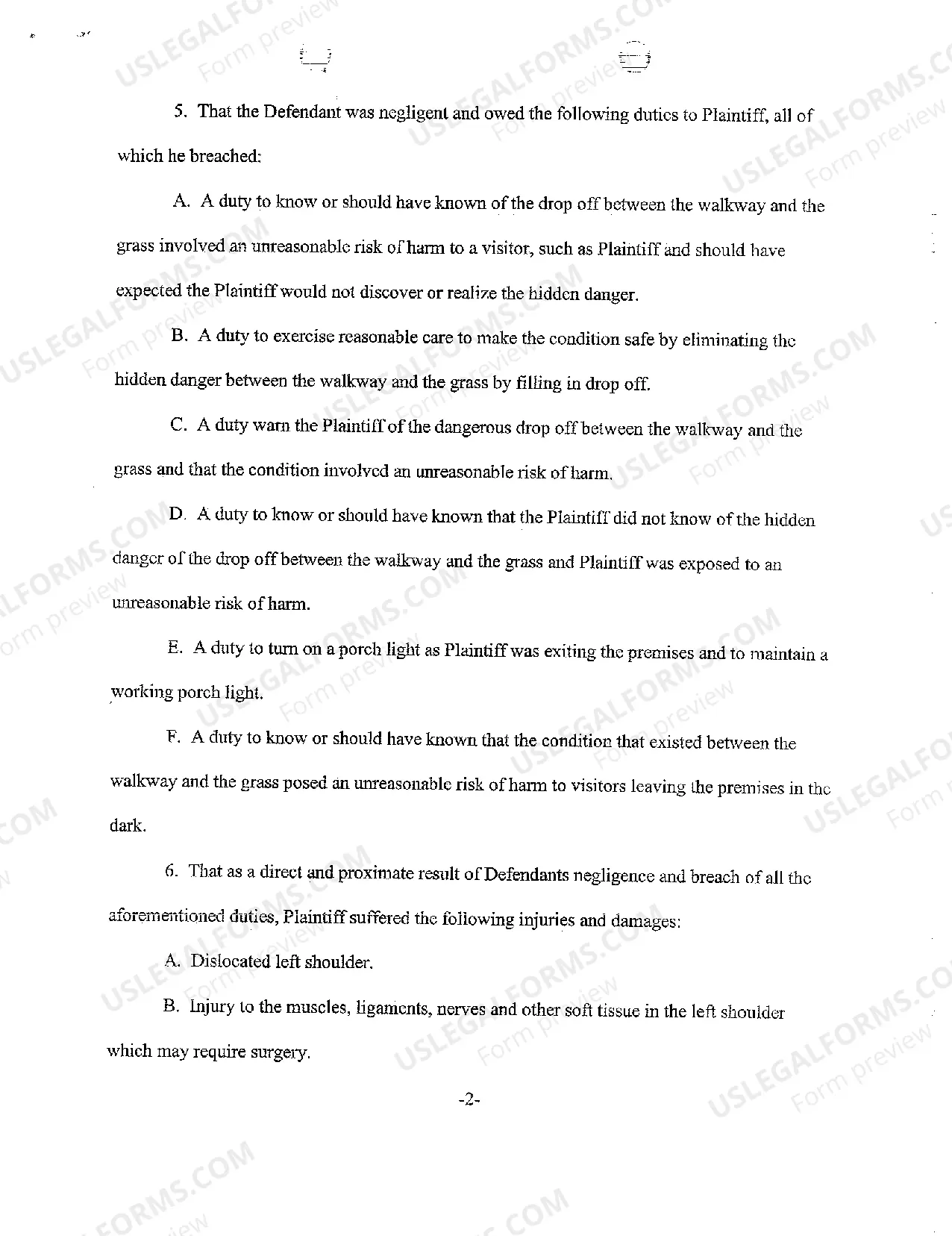 Preview A01 Complaint regarding Injury to Social Guest in Fall onto Porch