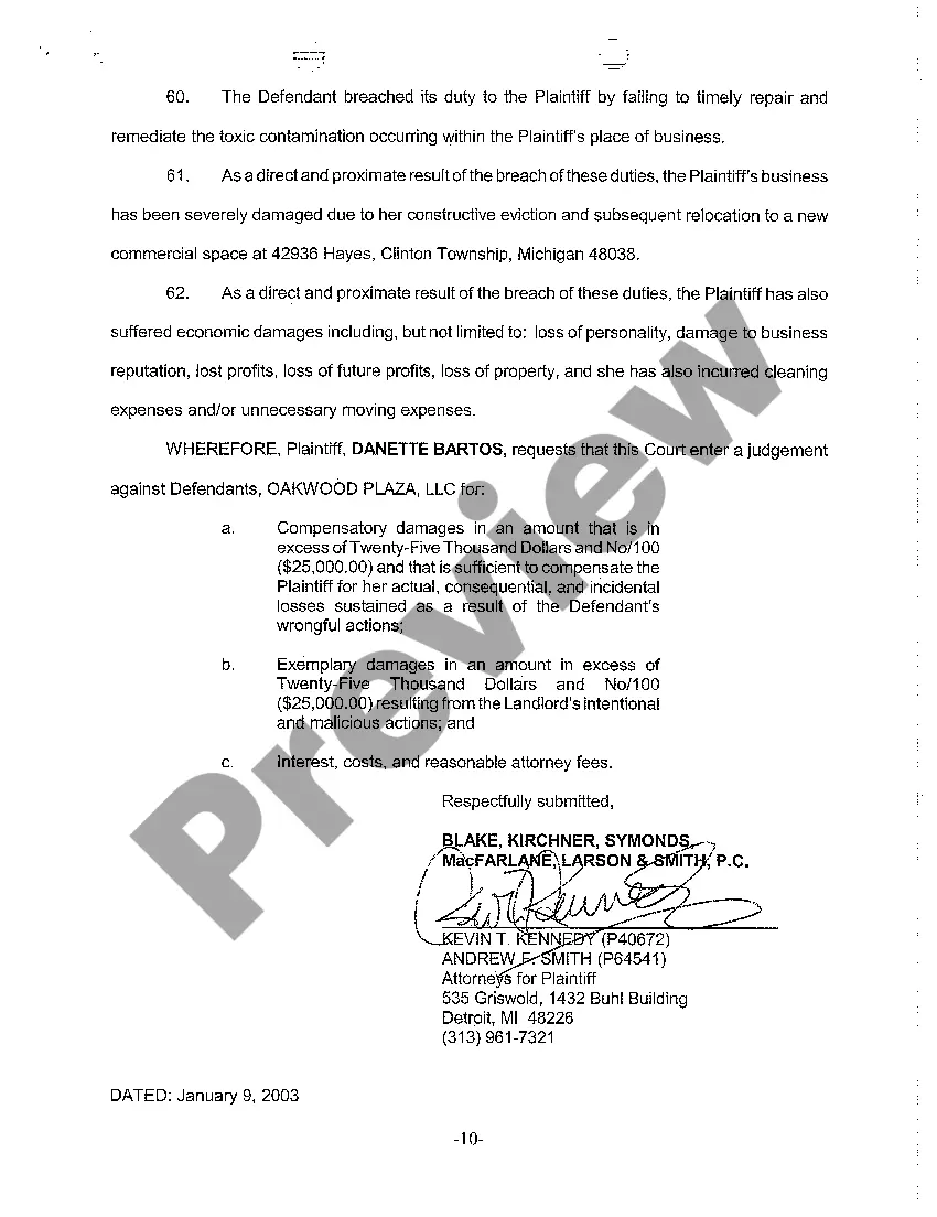 Preview A01 Complaint alleging Constructive Eviction for Failure to Repair and Maintain Leased Premises