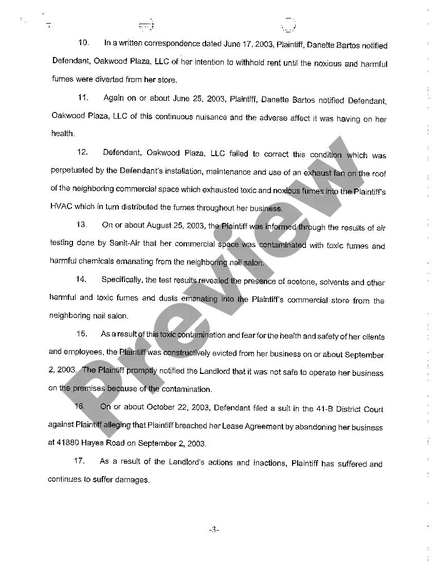 Preview A01 Complaint alleging Constructive Eviction for Failure to Repair and Maintain Leased Premises