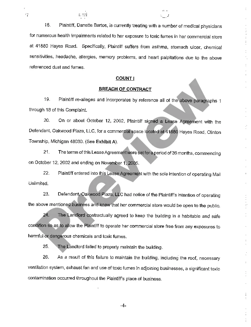 Preview A01 Complaint alleging Constructive Eviction for Failure to Repair and Maintain Leased Premises