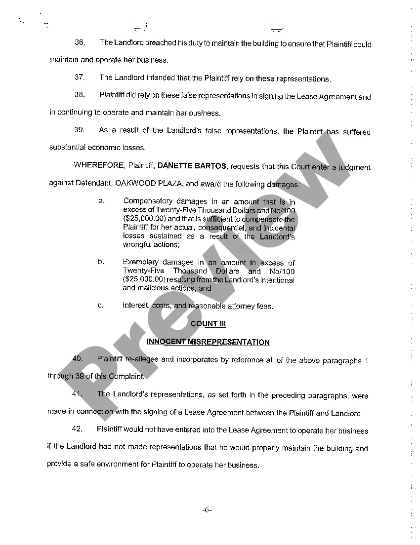 Preview A01 Complaint alleging Constructive Eviction for Failure to Repair and Maintain Leased Premises