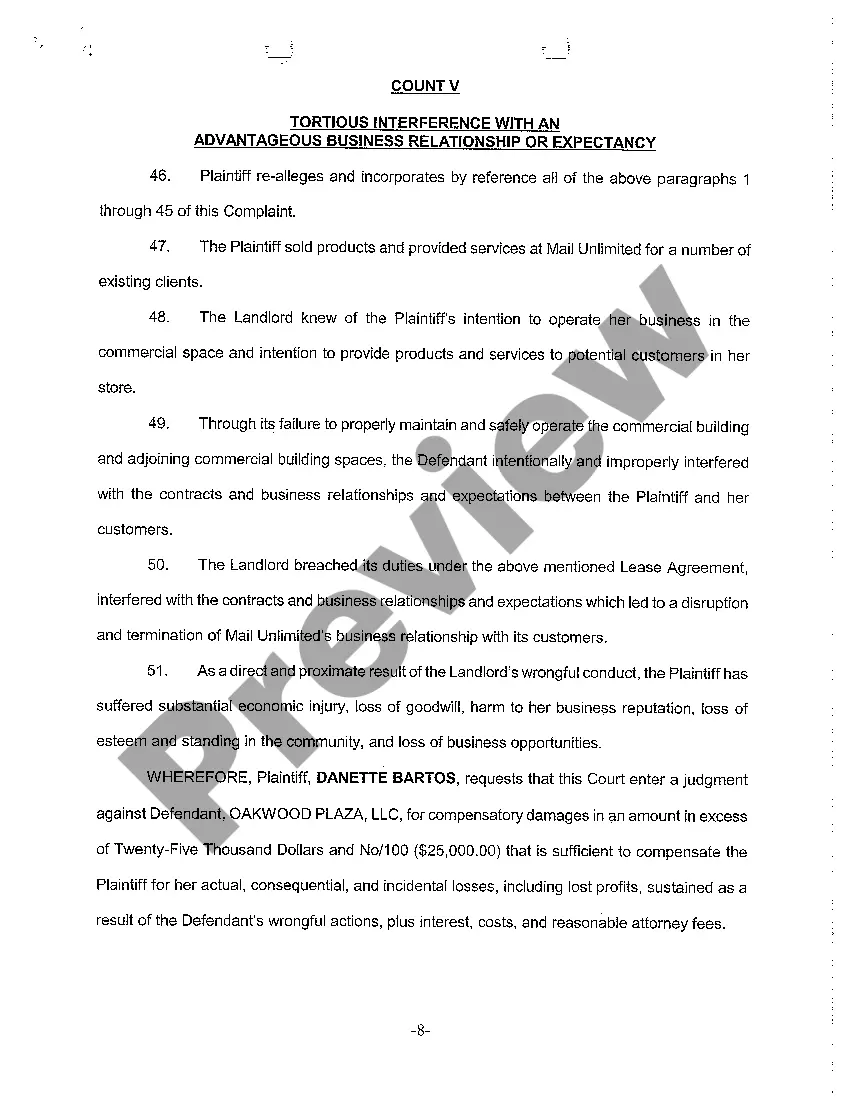 Preview A01 Complaint alleging Constructive Eviction for Failure to Repair and Maintain Leased Premises