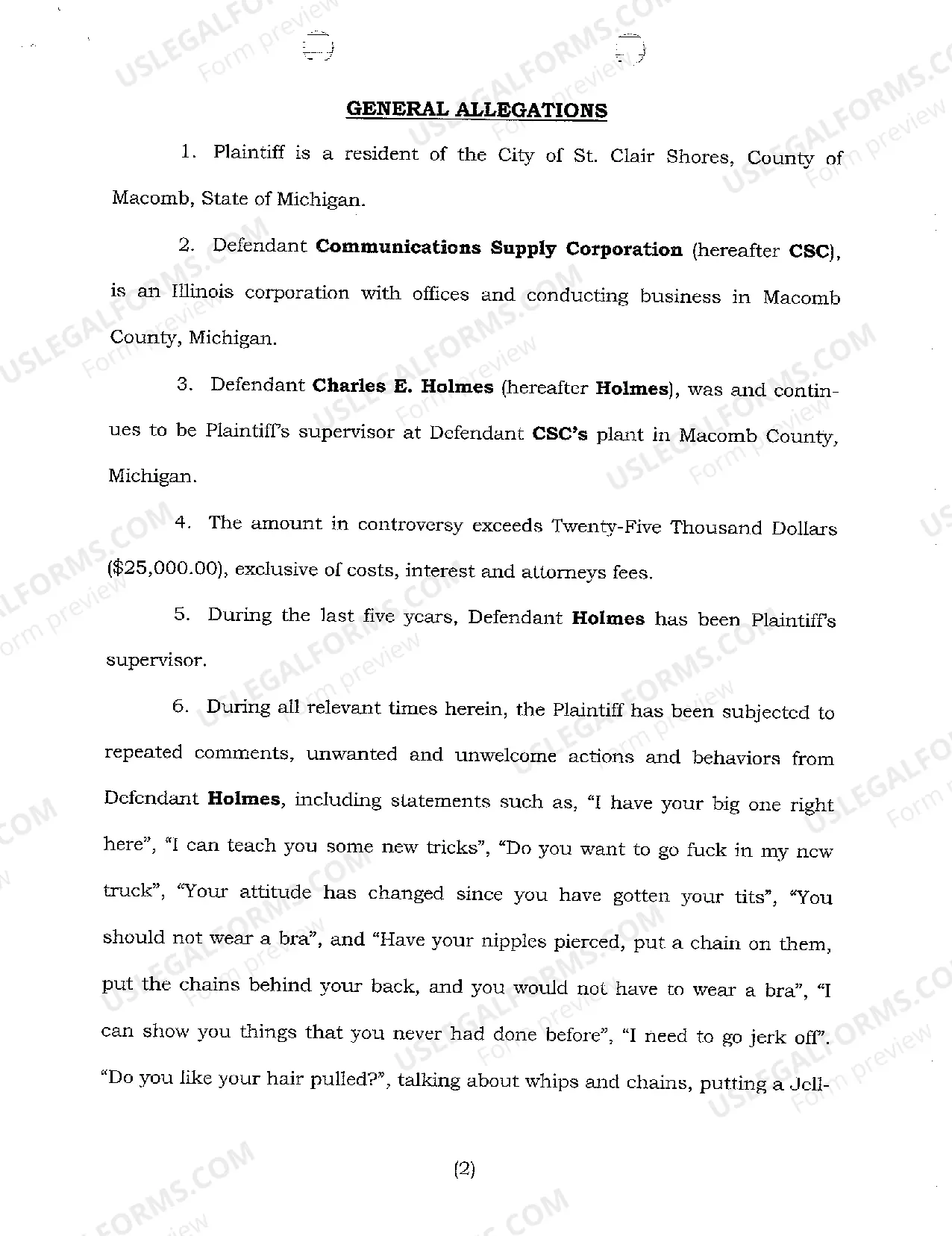 Preview A01 Complaint And Jury Demand regarding Sexual Harassment Allegations