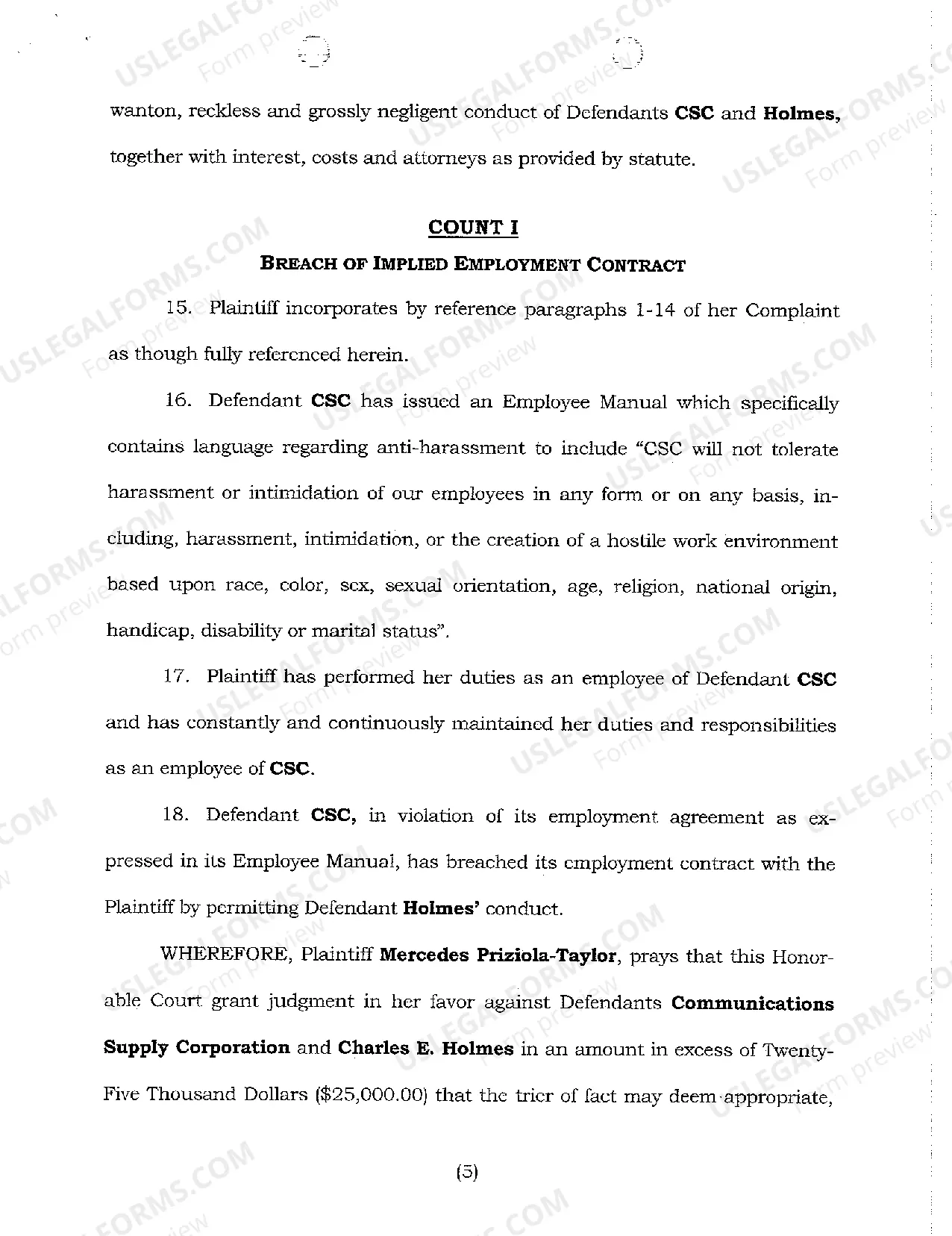 Preview A01 Complaint And Jury Demand regarding Sexual Harassment Allegations