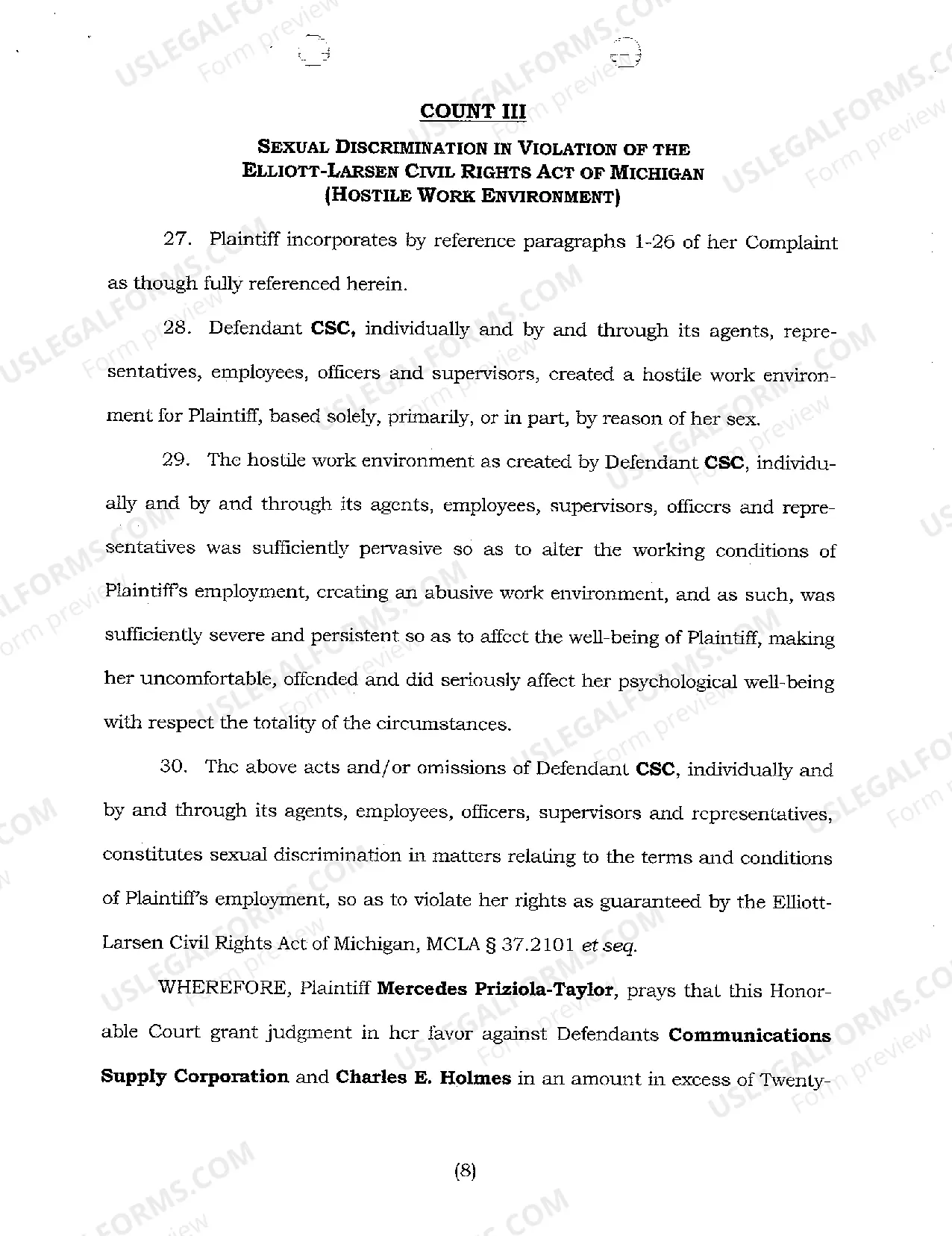 Preview A01 Complaint And Jury Demand regarding Sexual Harassment Allegations