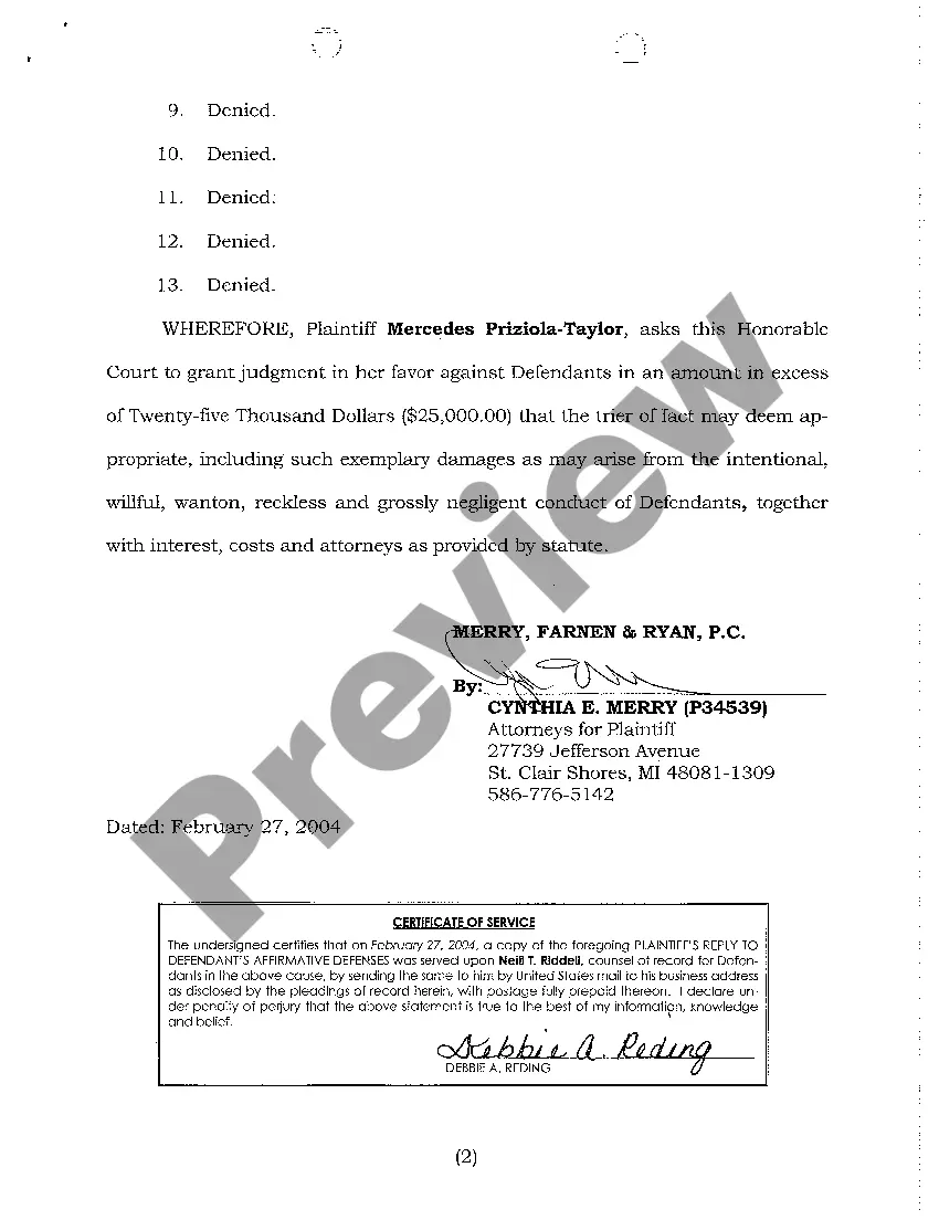 Get A04 Plaintiff's Reply to Defendants' Affirmative Defenses Preview A04 Plaintiff's Reply to Defendants' Affirmative Defenses