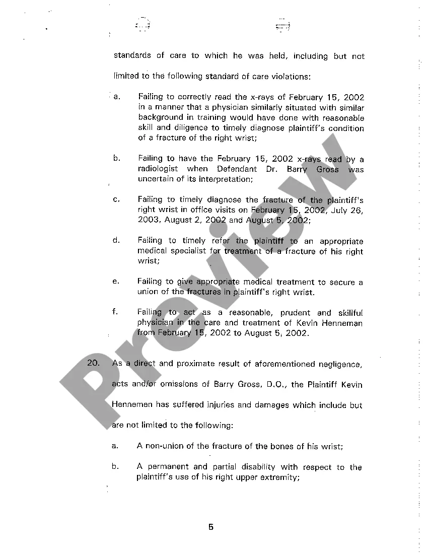 Preview A01 Complaint And Demand for Jury Trial and Affidavit of Merit regarding Medical Malpractice Allegations for Treatment of Wrist and Hand