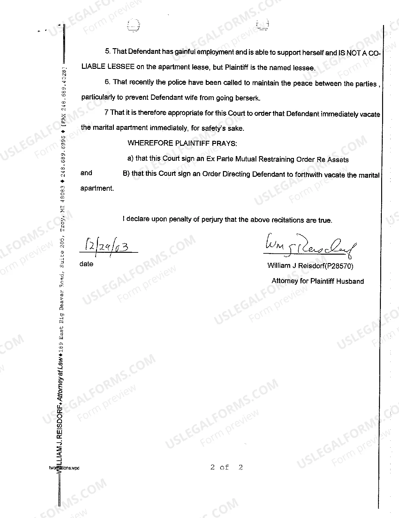 Preview A03 Motion for Order Directing Defendant to Vacate Premises and Motion for Ex Parte Order Restraining Property Transfer