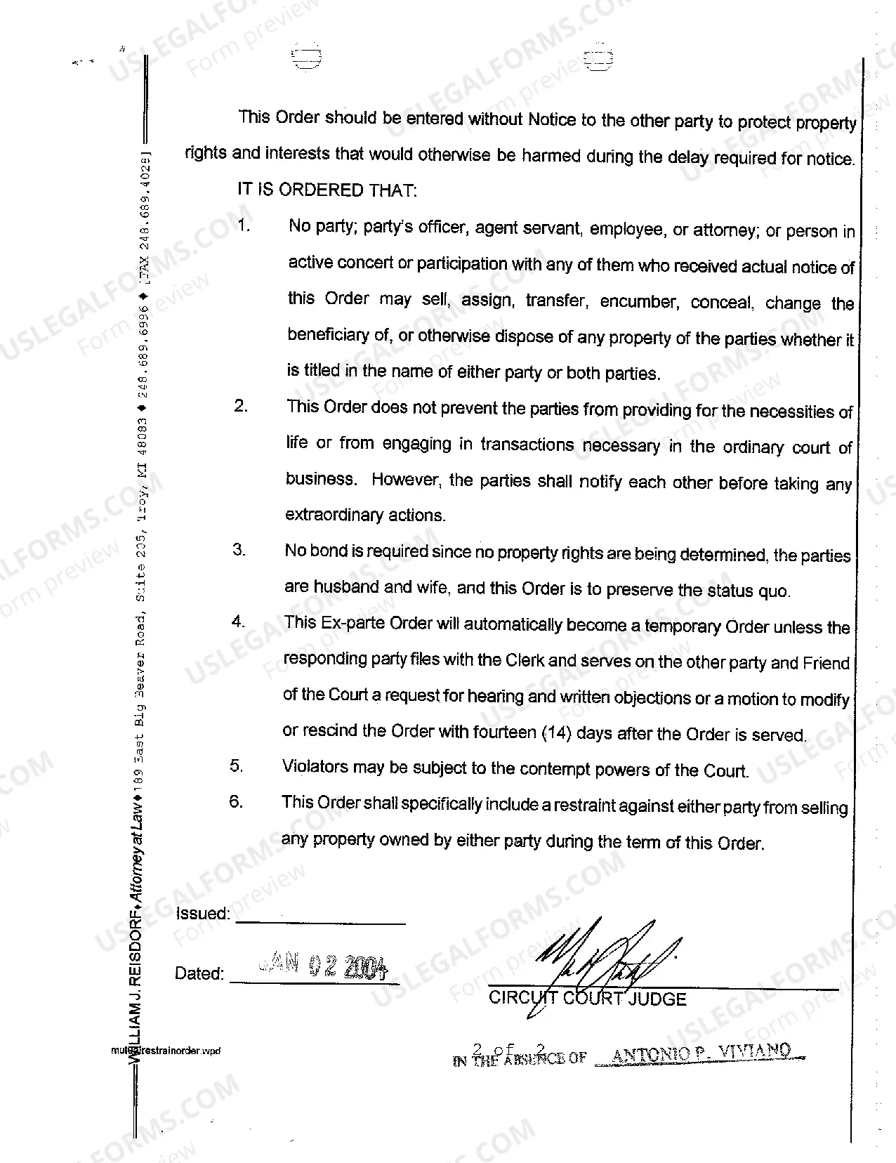 Preview A04 Ex Parte Mutual Restraining Order Against Property Transfer