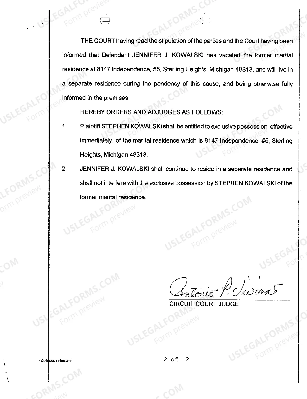Preview A07 Stipulated Order Allowing for Exclusive Possession of Premises By Plaintiff Husband