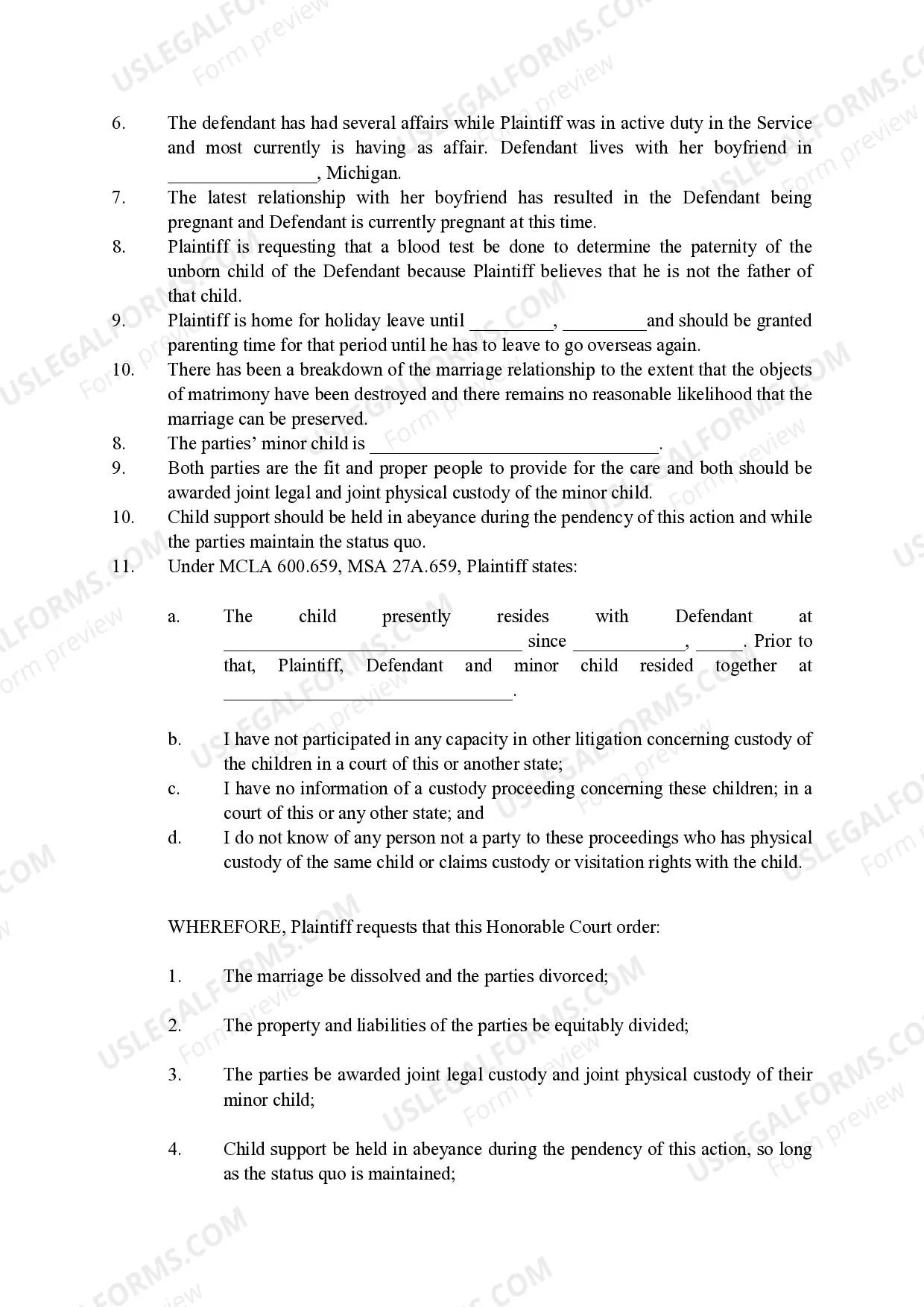 Preview Complaint for Divorce