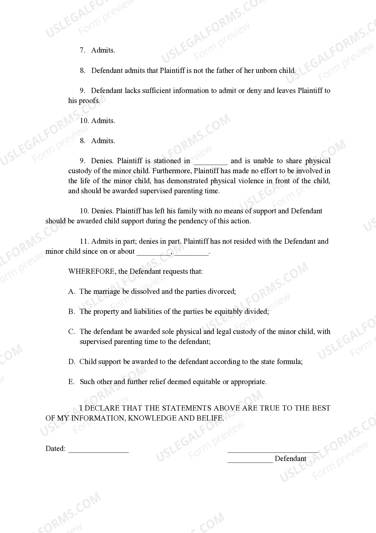 Preview Answer to Complaint for Divorce
