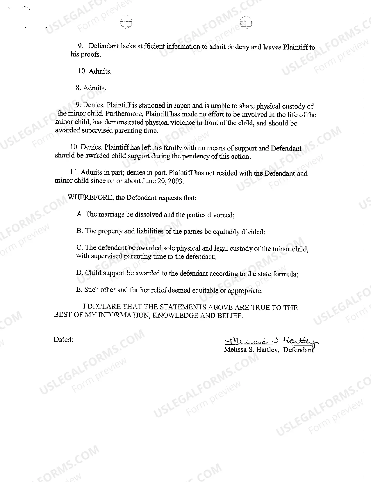 Preview A03 Answer to Complaint for Divorce