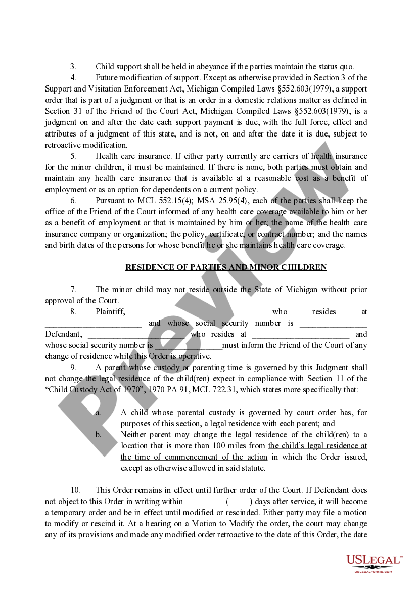 Michigan ExParte Interim Order For Status Quo Regarding Child Custody