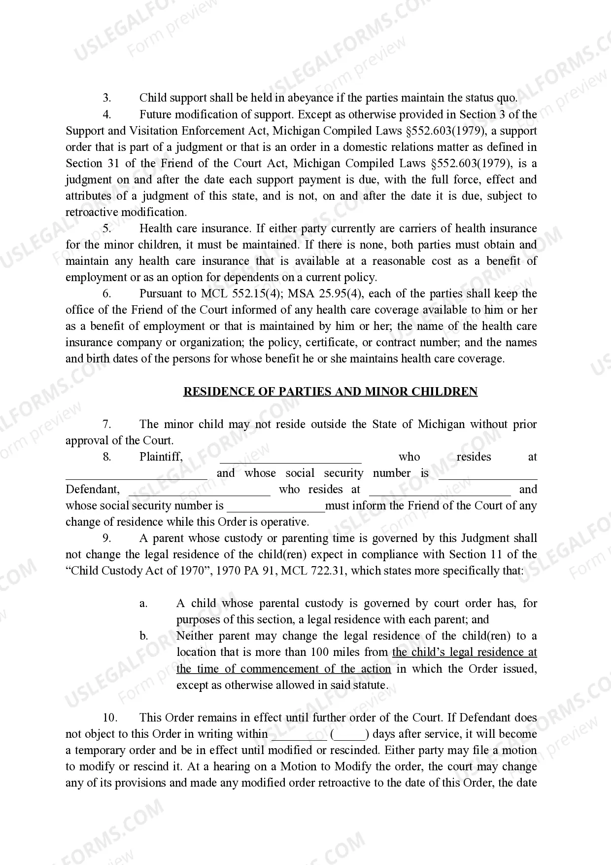 Preview Ex-Parte Interim Order For Status Quo Regarding Child Custody, Child Support and Parenting Time