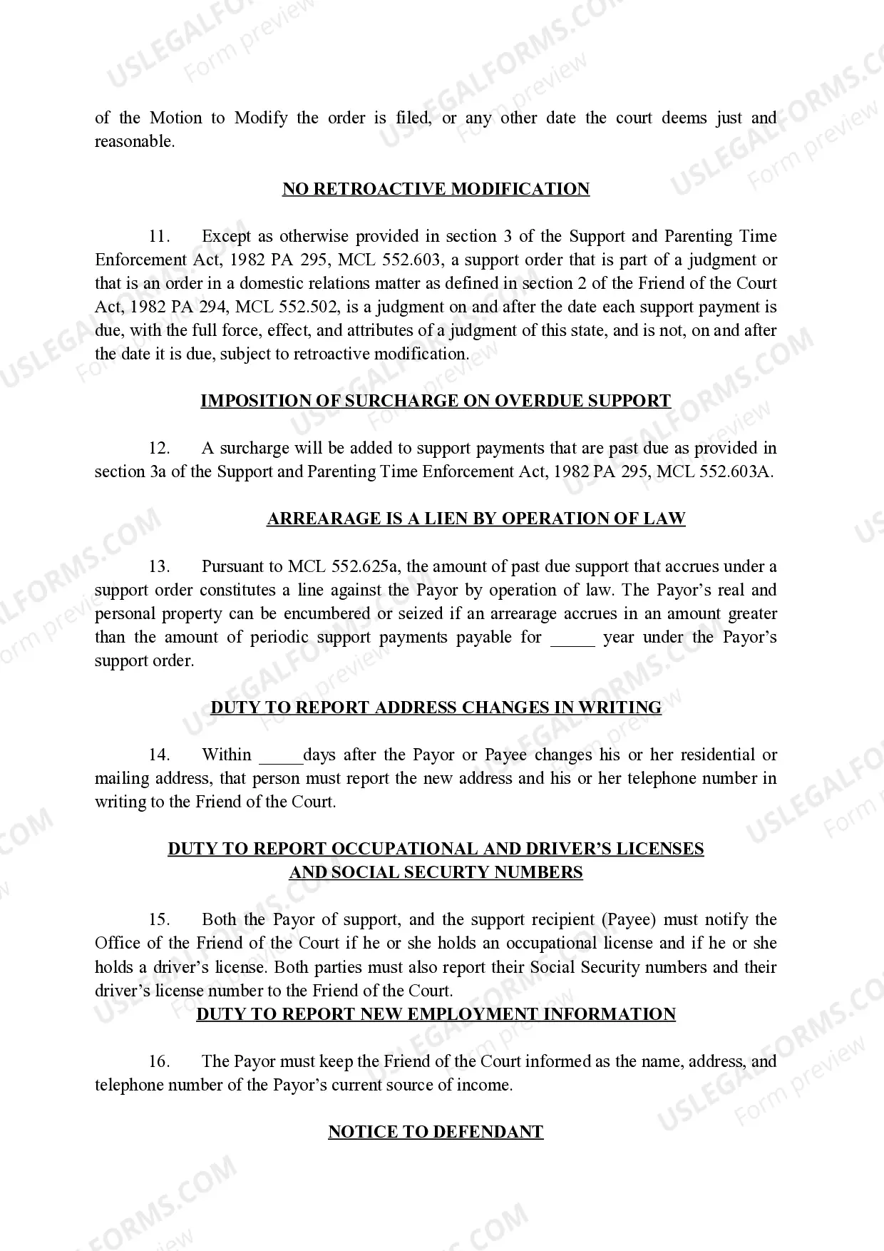 Preview Ex-Parte Interim Order For Status Quo Regarding Child Custody, Child Support and Parenting Time