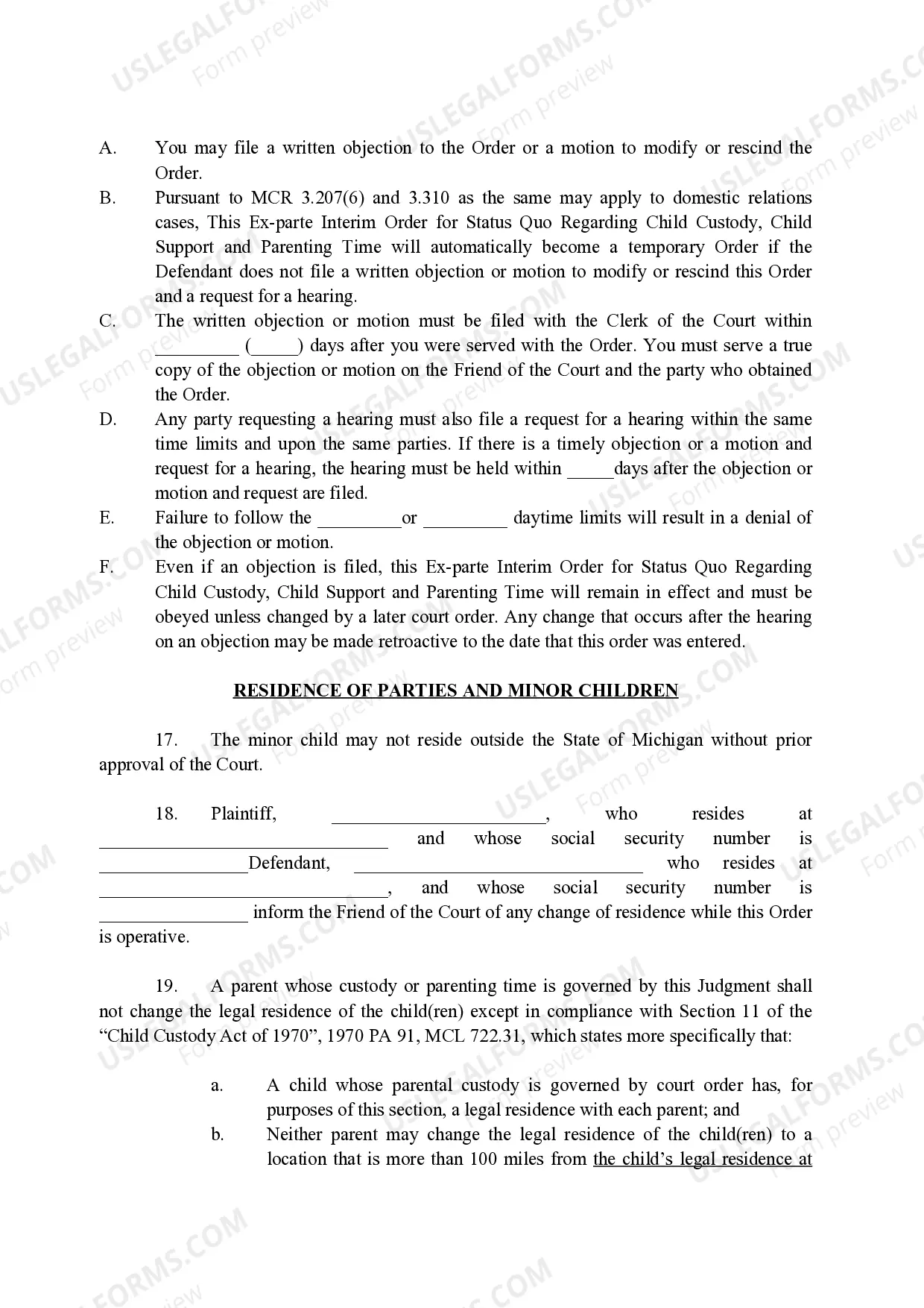 Preview Ex-Parte Interim Order For Status Quo Regarding Child Custody, Child Support and Parenting Time