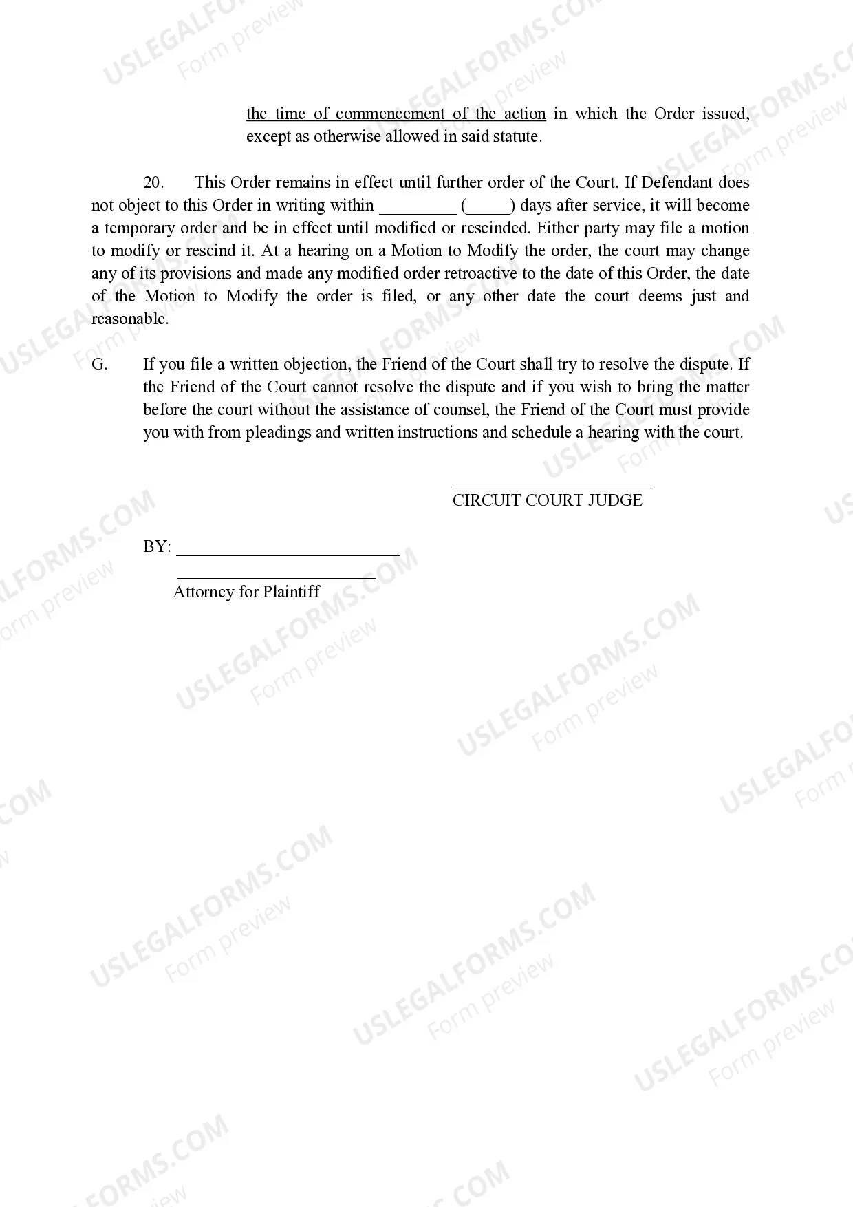 Preview Ex-Parte Interim Order For Status Quo Regarding Child Custody, Child Support and Parenting Time