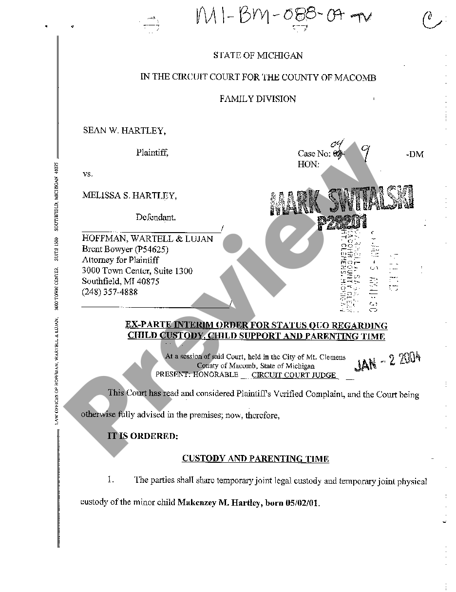 Michigan Ex Parte Interim Order For Status Quo Regarding Child Custody 