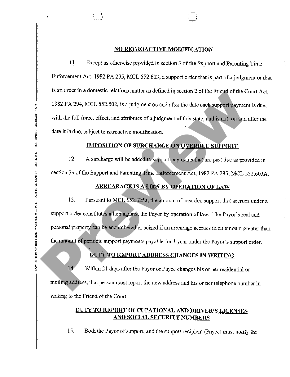 Michigan Ex Parte Interim Order for Status Quo Regarding Child Custody